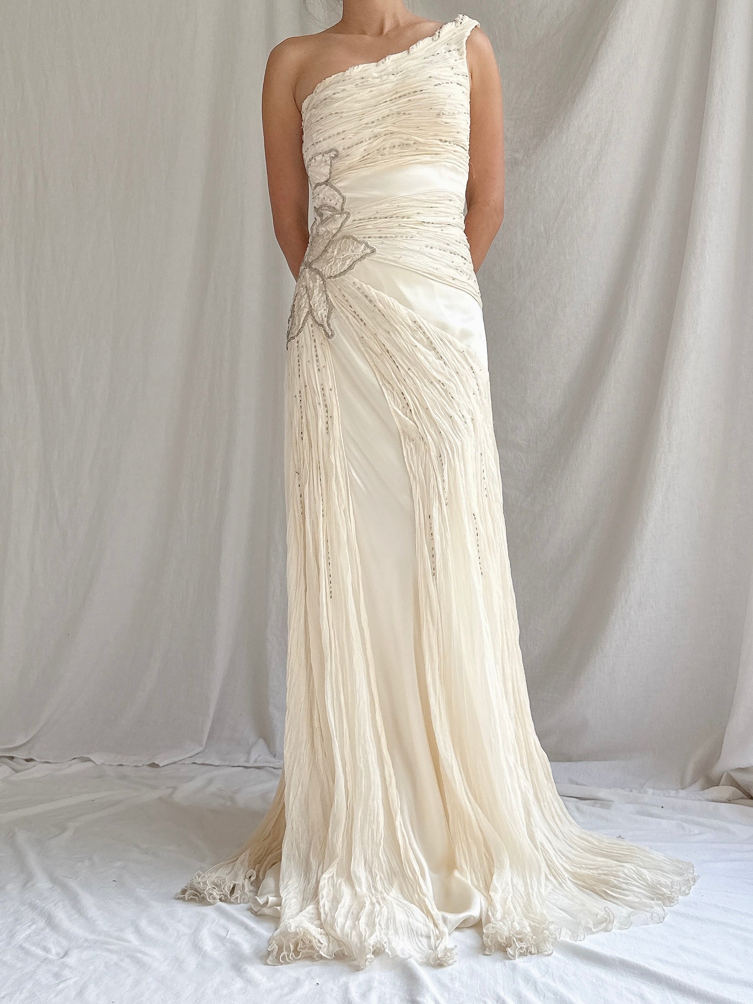 Vintage Silk Chiffon One-Shoulder Gown - M