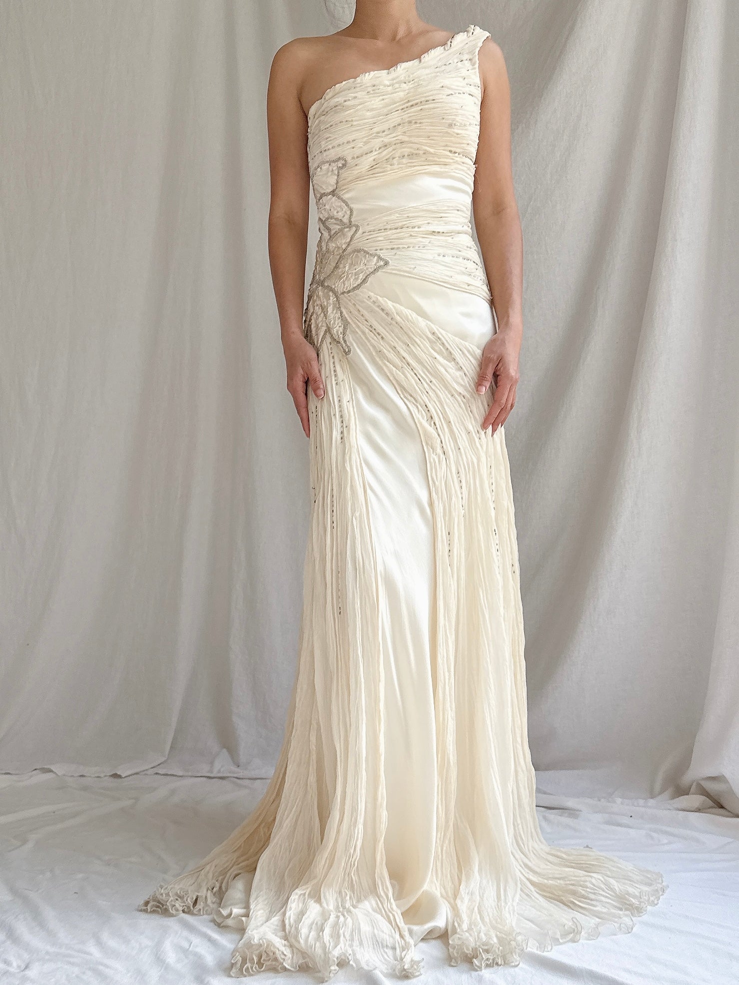 Vintage Silk Chiffon One-Shoulder Gown - M