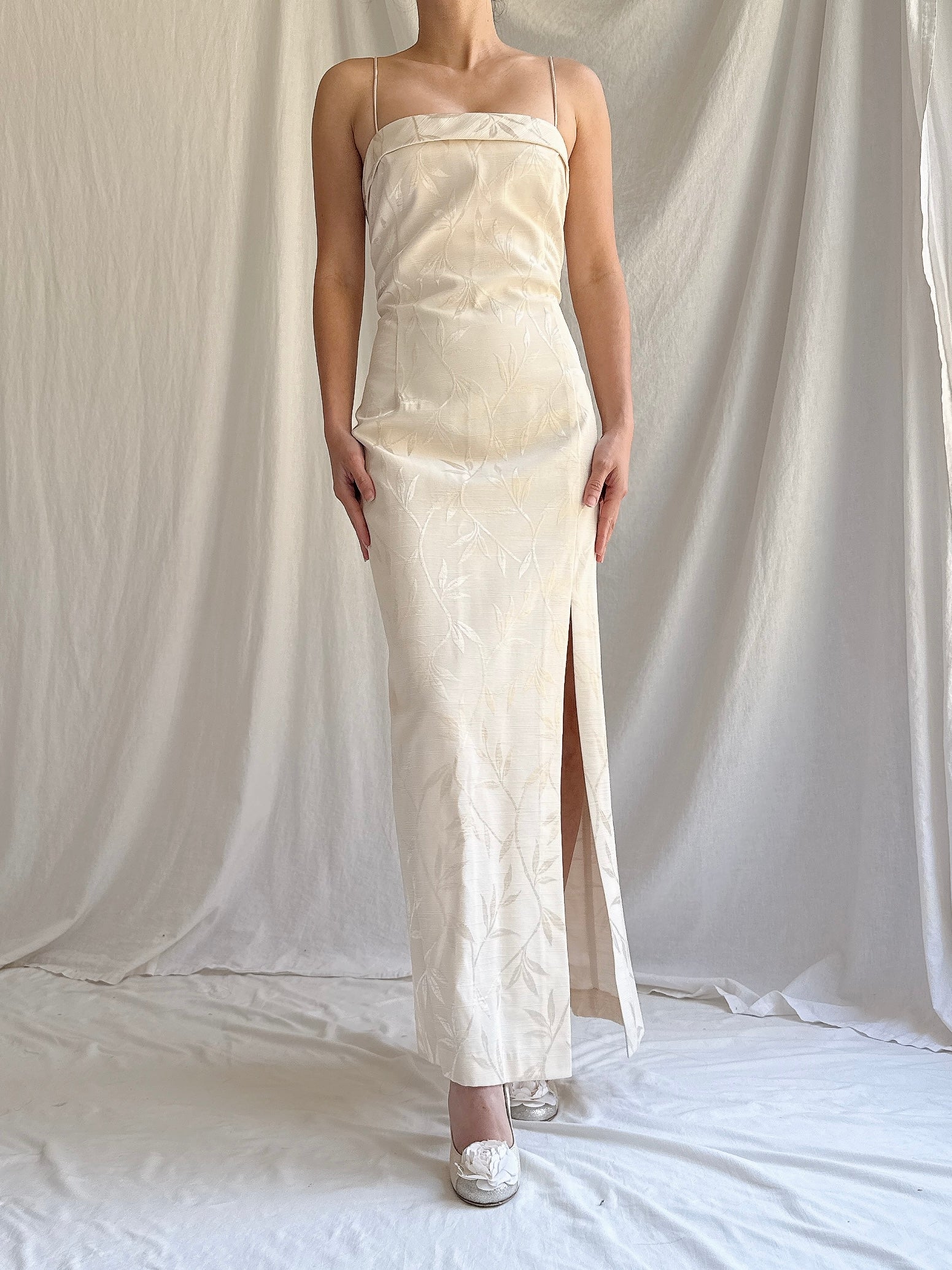 Vintage Beige Rayon Square neckline Dress - S
