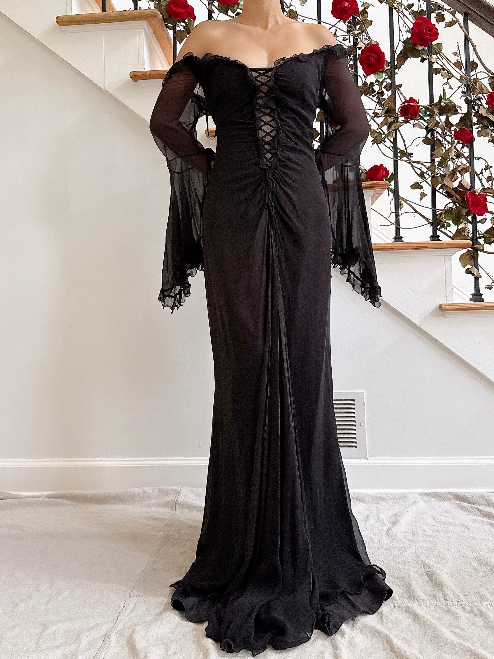 Vintage Belleville Sassoon Silk Angel Sleeve Gown - UK 16/36B/30W/42H/62L