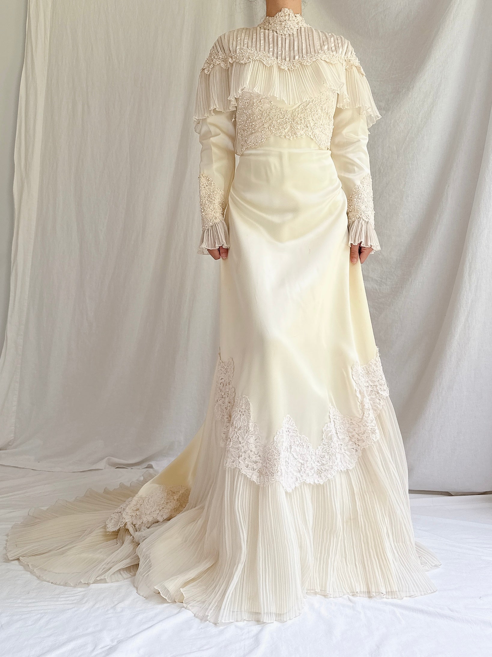 1970s Ivory Pleated Hem Satin Gown - S