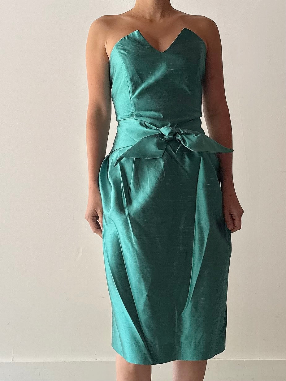Vintage Turquoise Teal Silk Strapless Dress - FR42