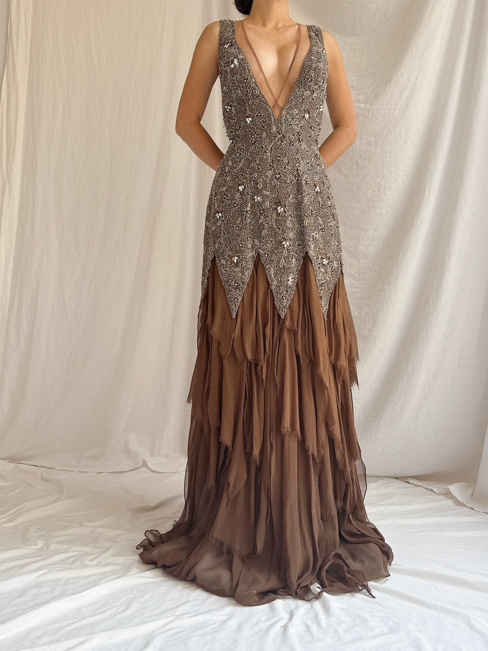 Vintage Stephen Yearrick Silk Raw Hem Beaded Gown - M/6