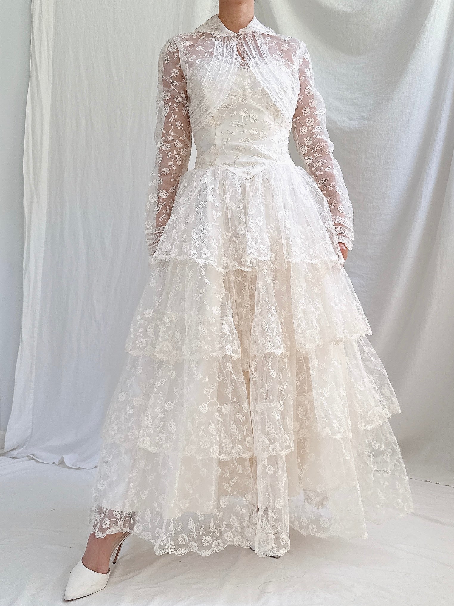 1950s Embroidered Tulle Dress -XS