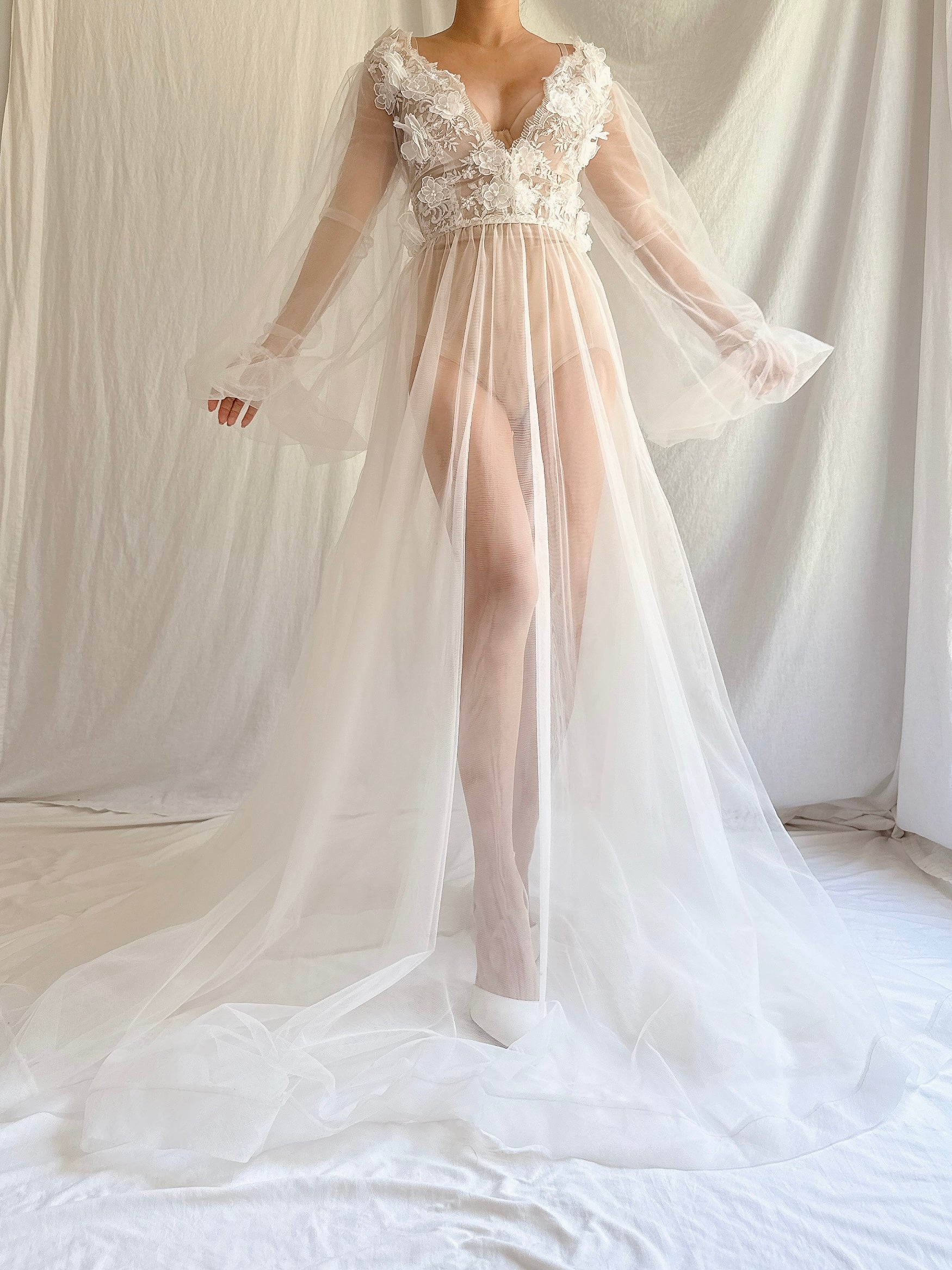 GOSSAMER Sheer Puff Sleeves Gown - S