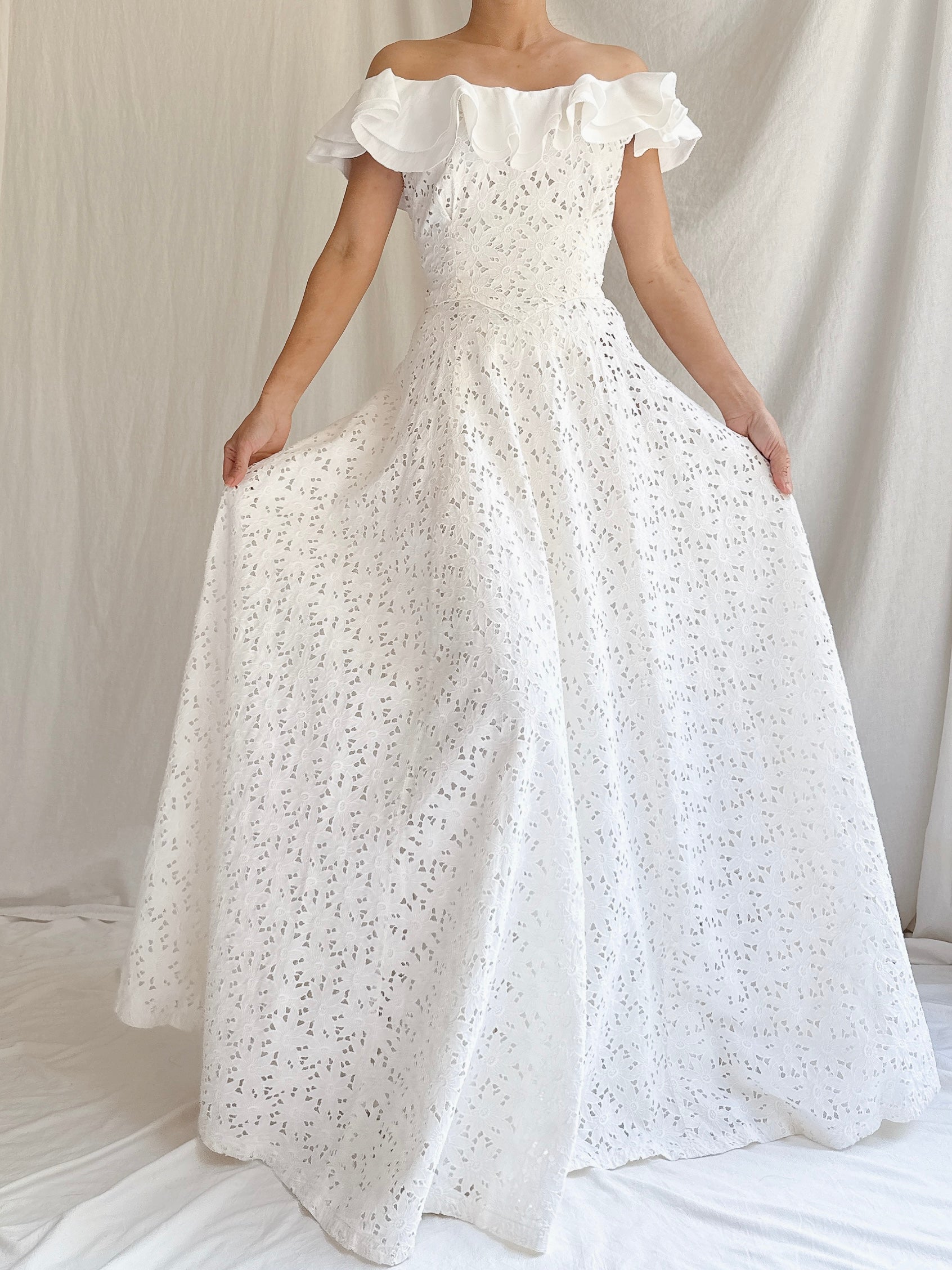 1930s Cutout Ruffle Cotton Dress - XS