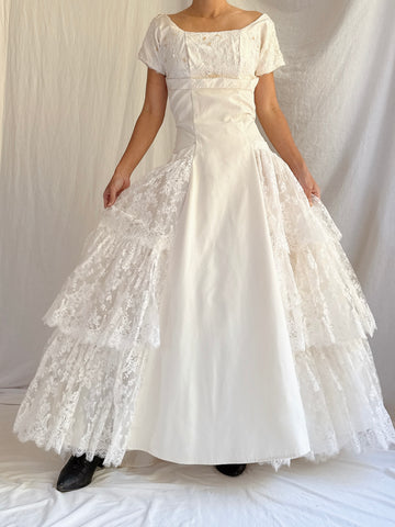 1950s Tafetta and Lace Dress - S