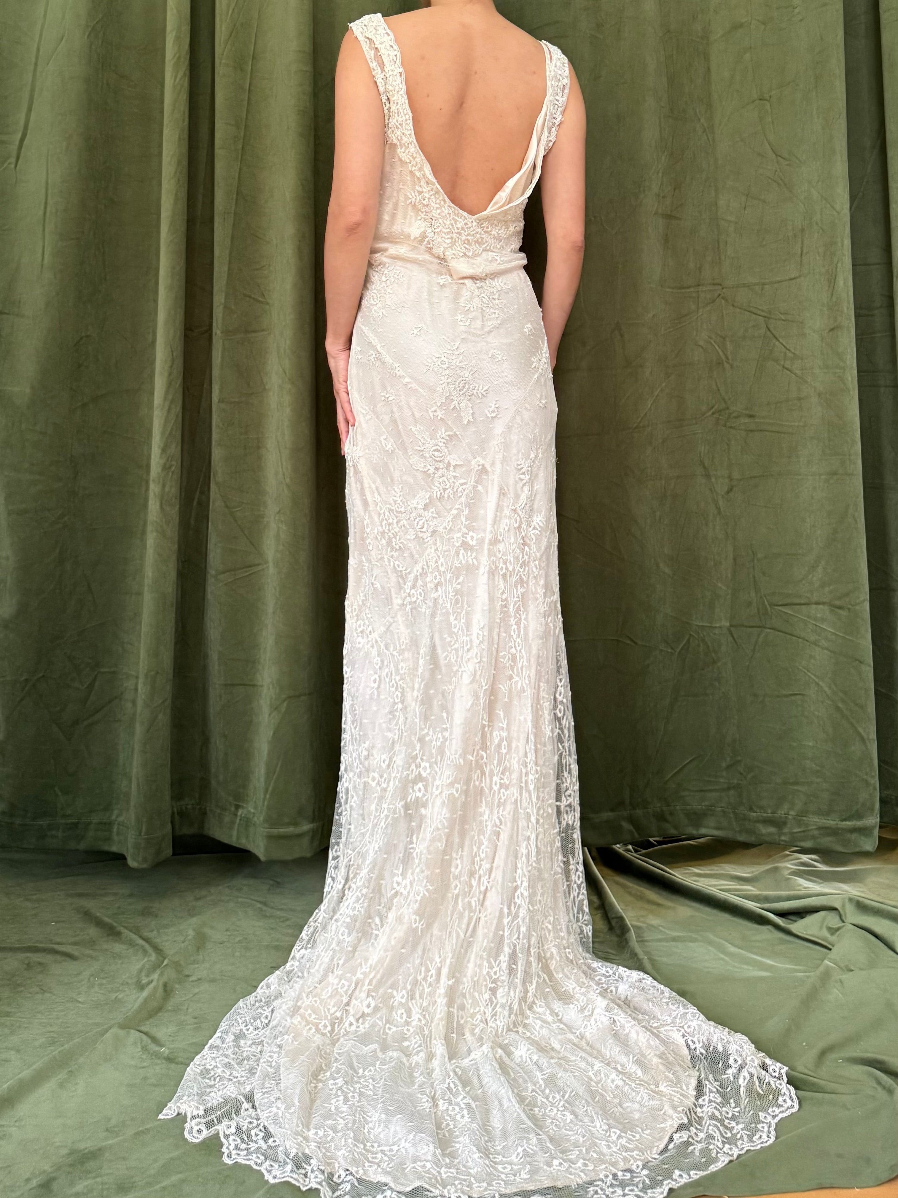 Vintage Beaded French Lace Gown with Silk Slip - S/M