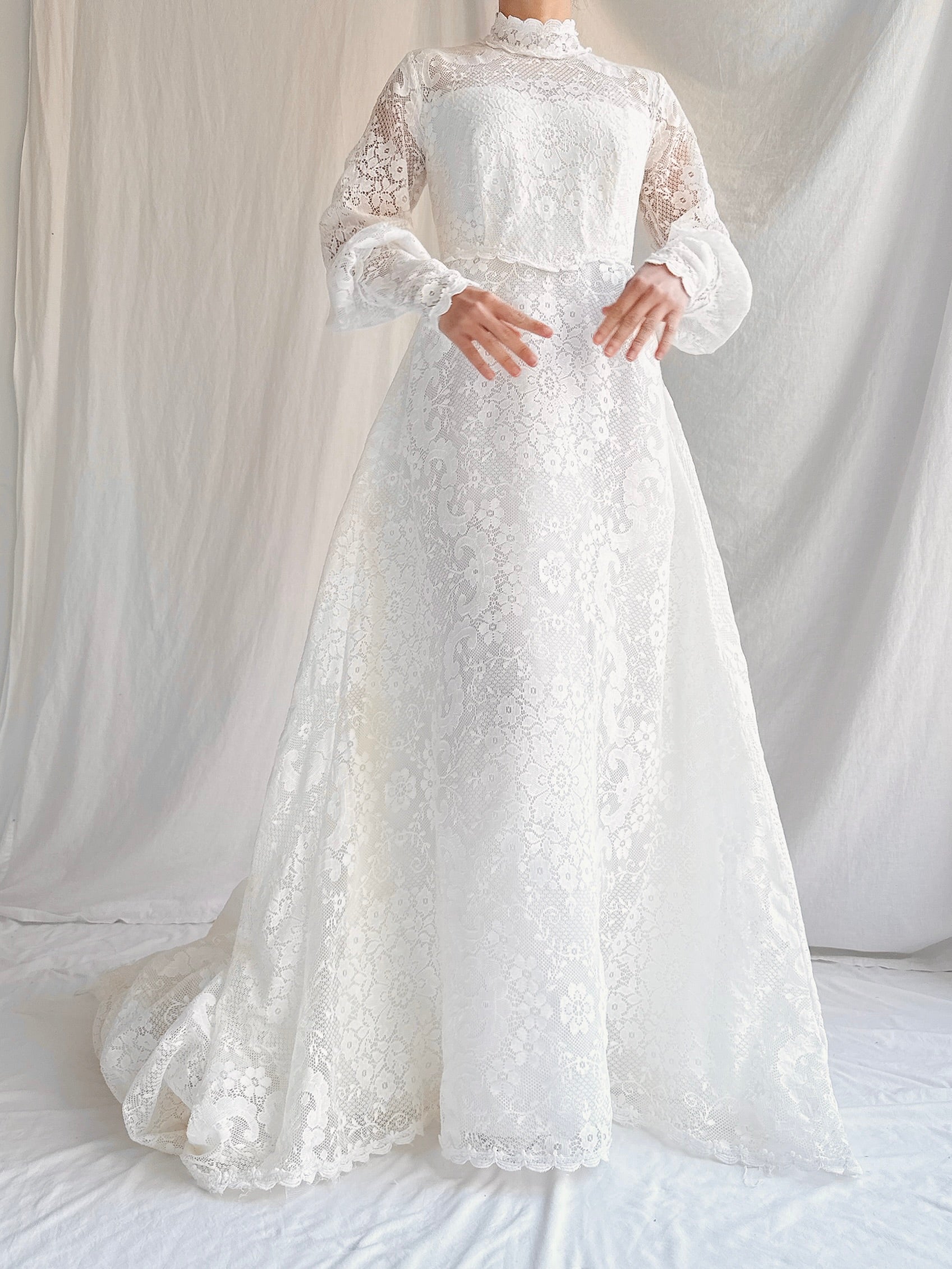 Vintage Crochet Lace Poet Sleeve Gown - S