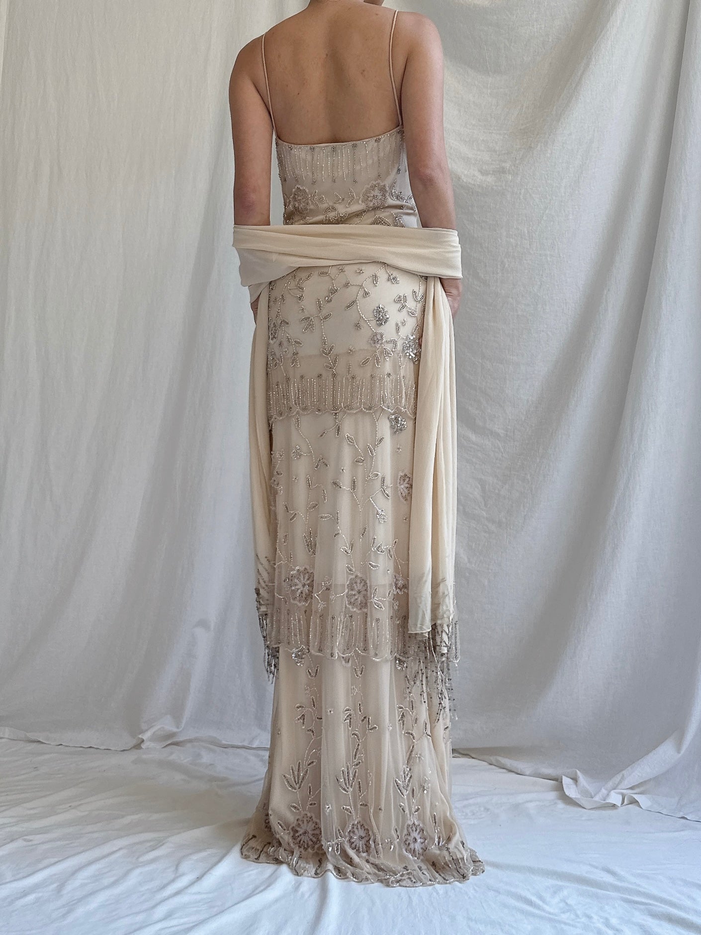 Vintage Ecru Tulle Beaded Tiered Column Gown with Silk Scarf - L