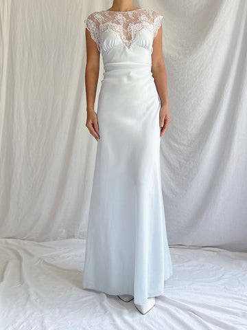 1980s Light Blue Nylon Lace Dress - M