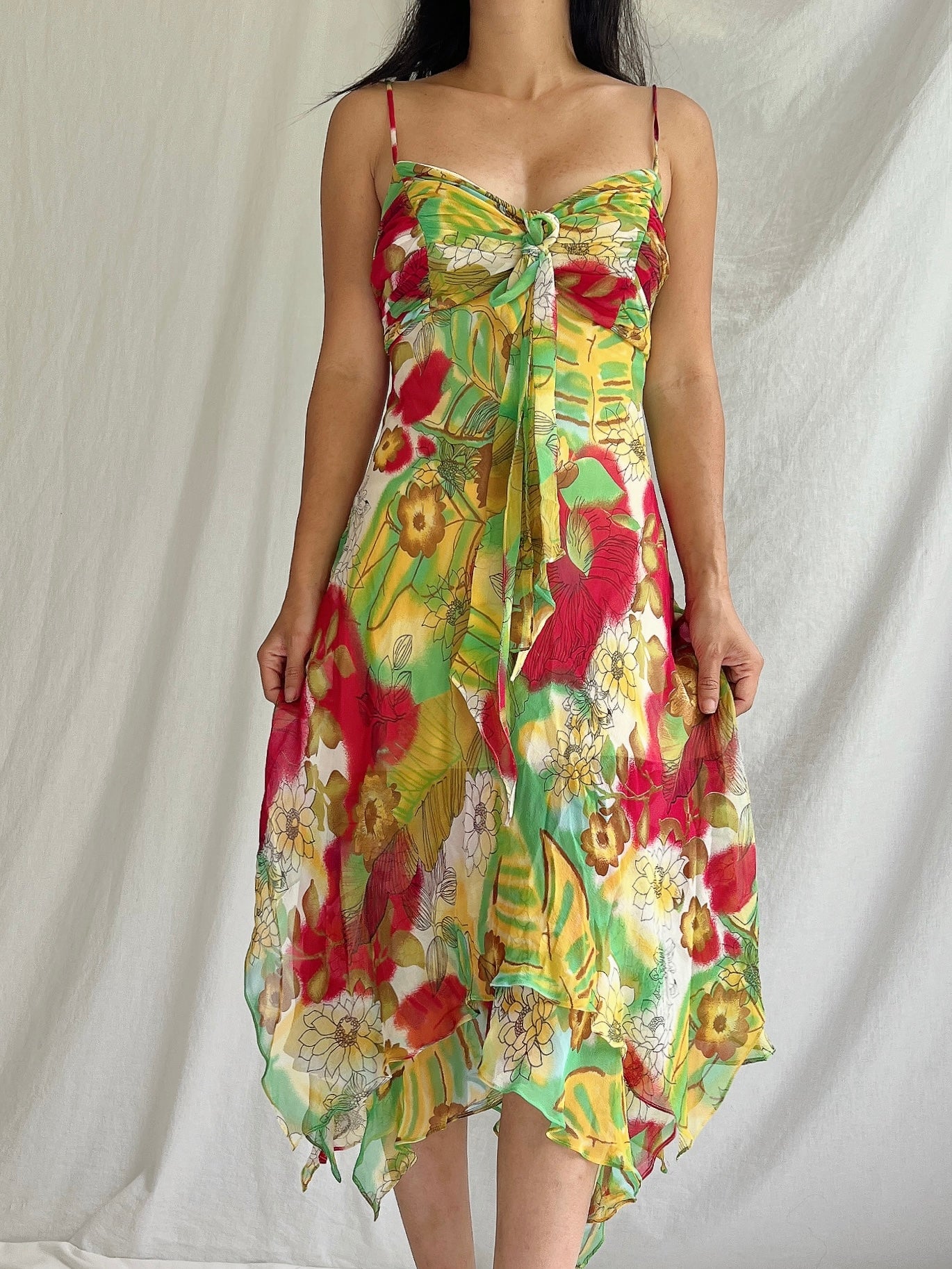 Y2K Silk Chiffon Floral Dress - M