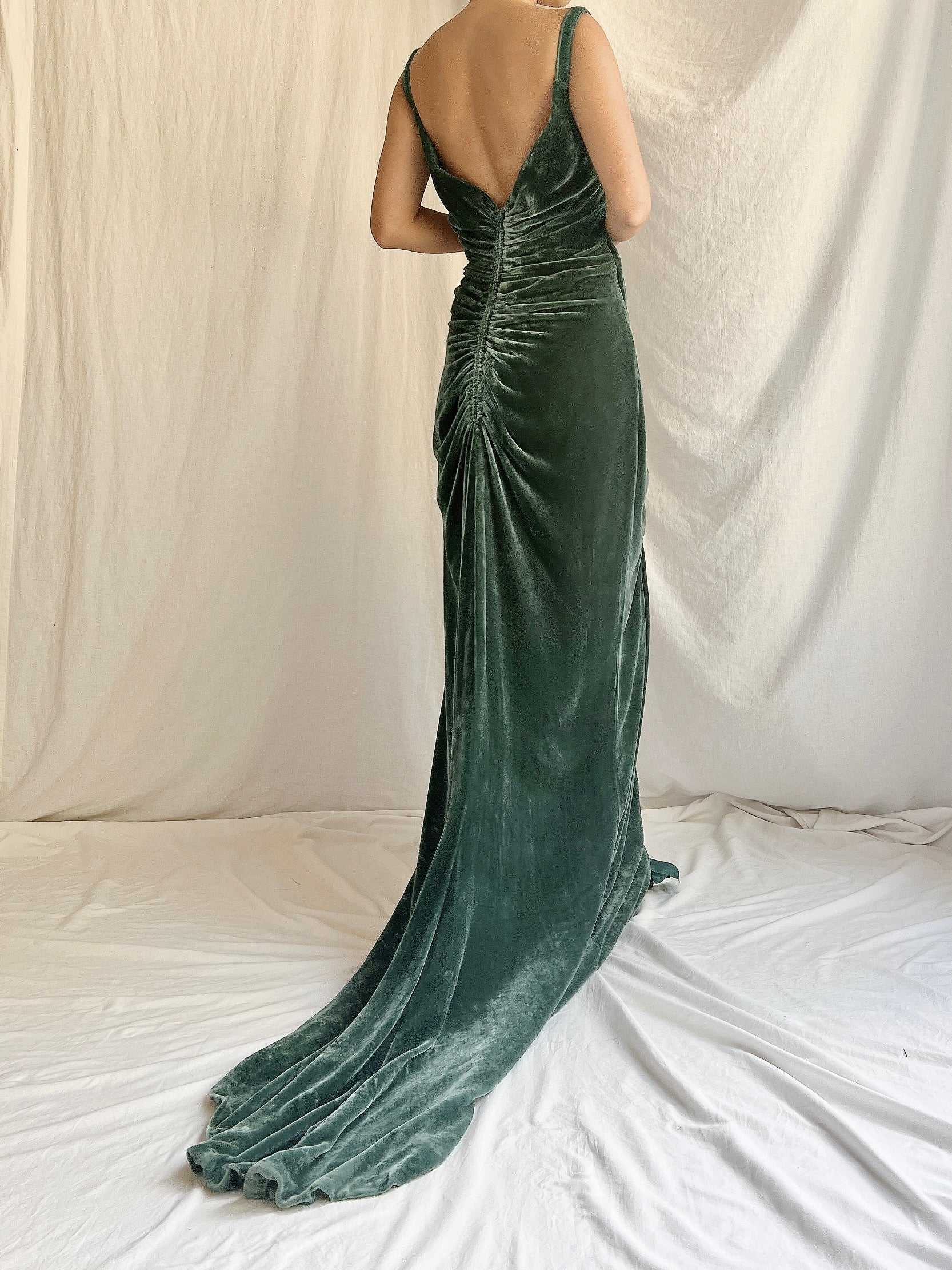 Vintage Moss Green Bellville Sassoon Silk Velvet Gown - L