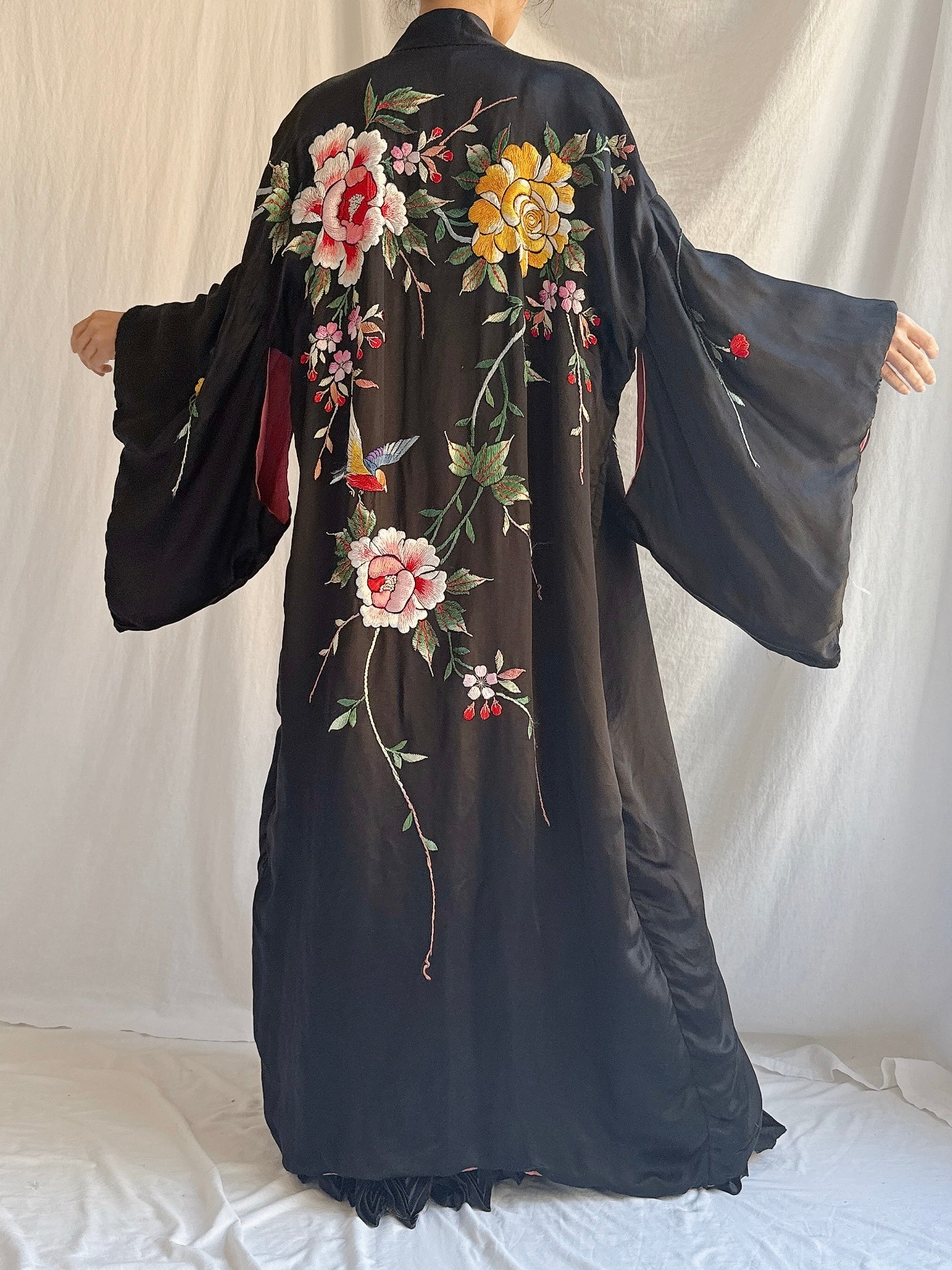 Antique Embroidered Satin Kimono - OSFM