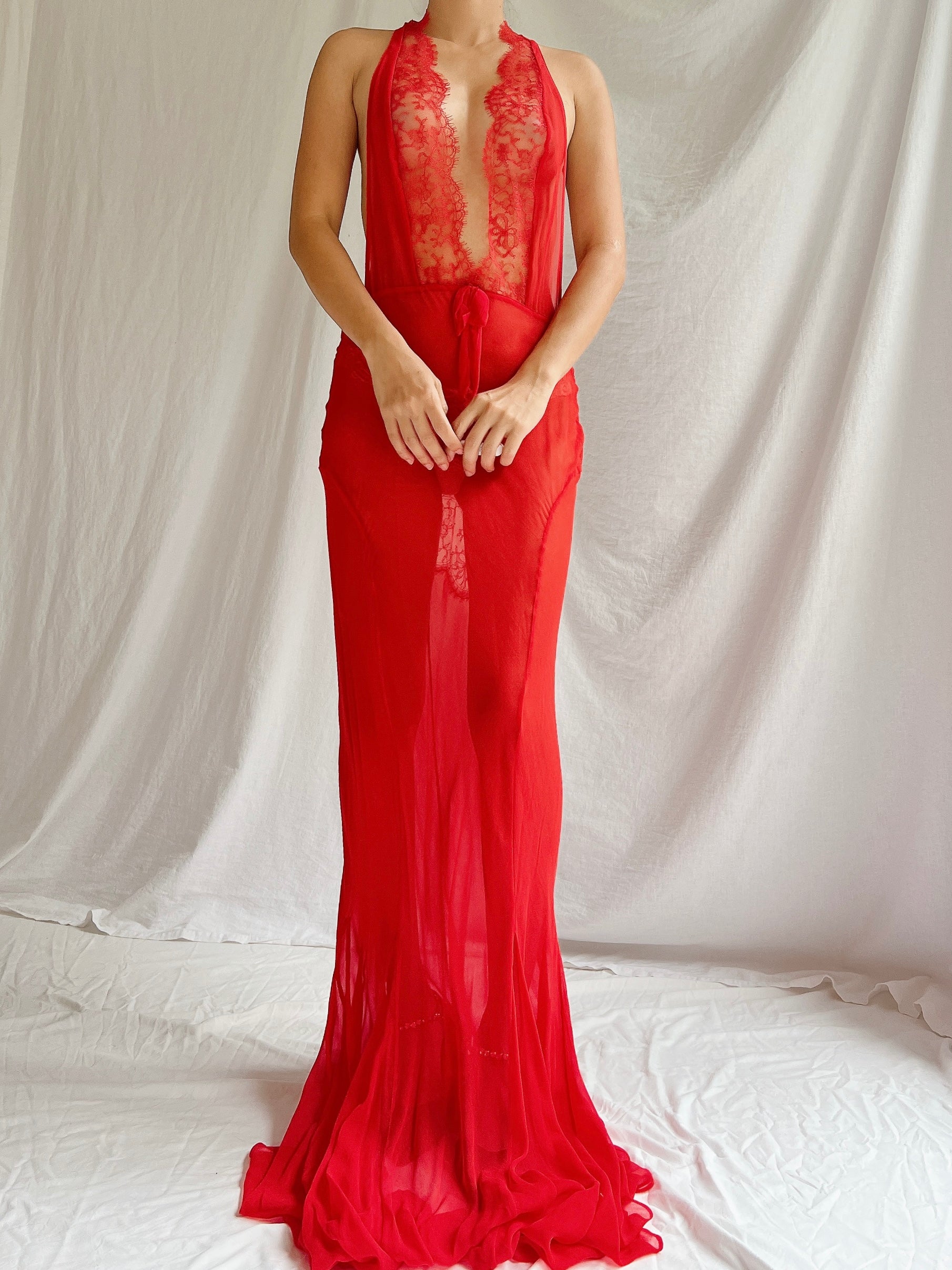 00s Red Silk Sheer Slip Gown - M/L