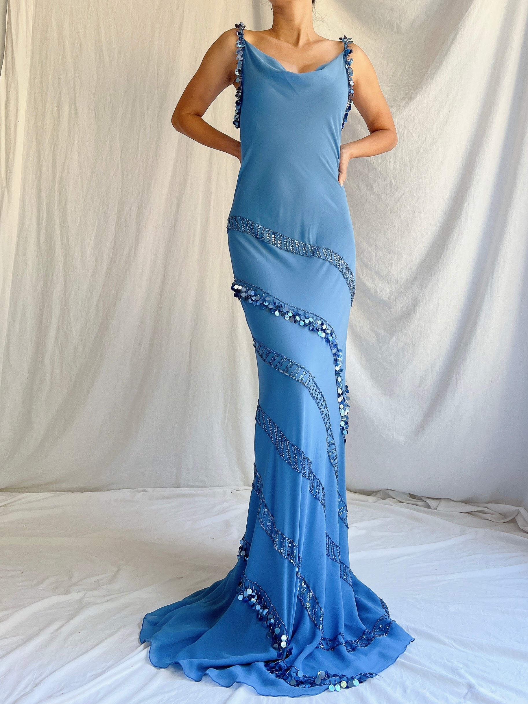 Vintage Blue Silk Crepe Gown - M/L