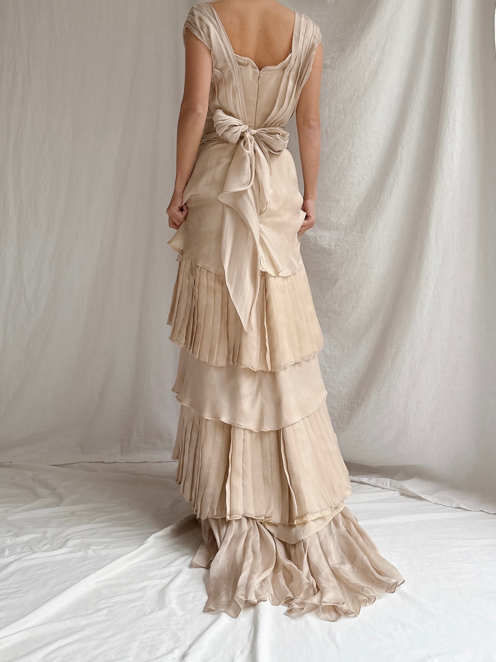 Vintage Beige Silk Tiered Dress - S