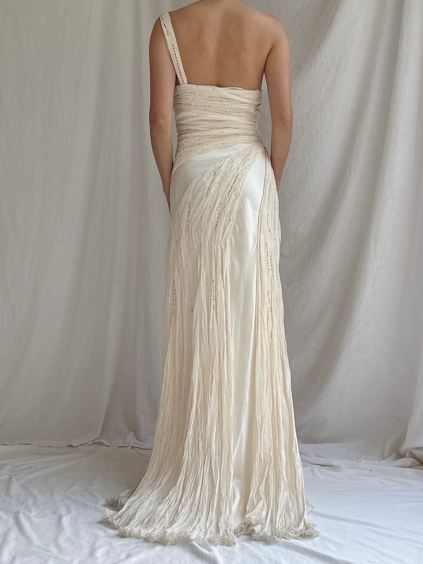 Vintage Silk Chiffon One-Shoulder Gown - M