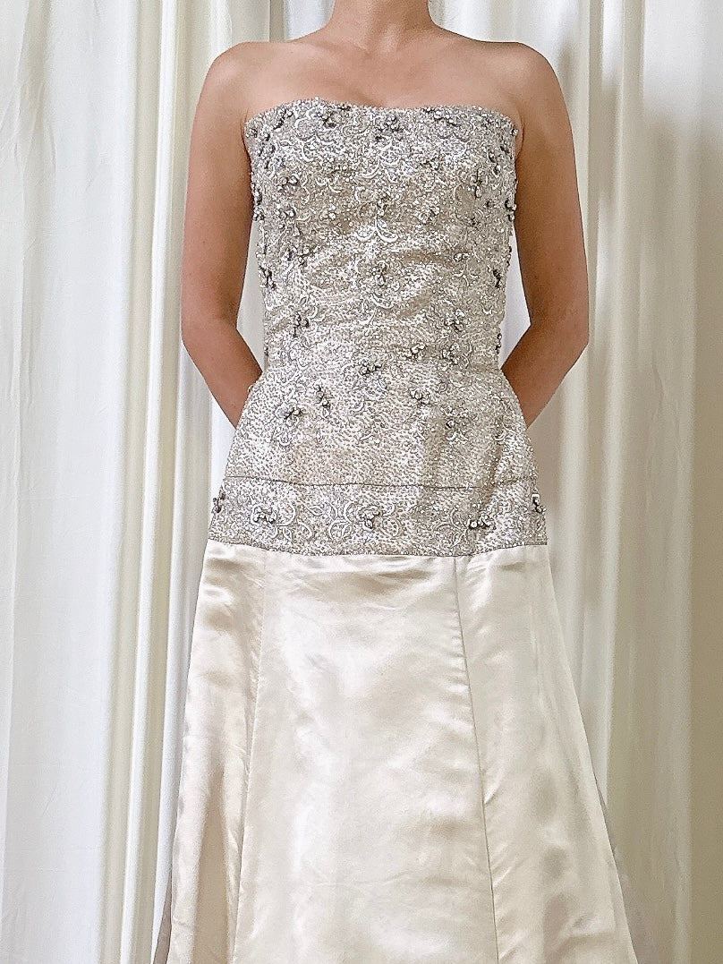 Vintage Silver Beaded Silk Gown - M/8