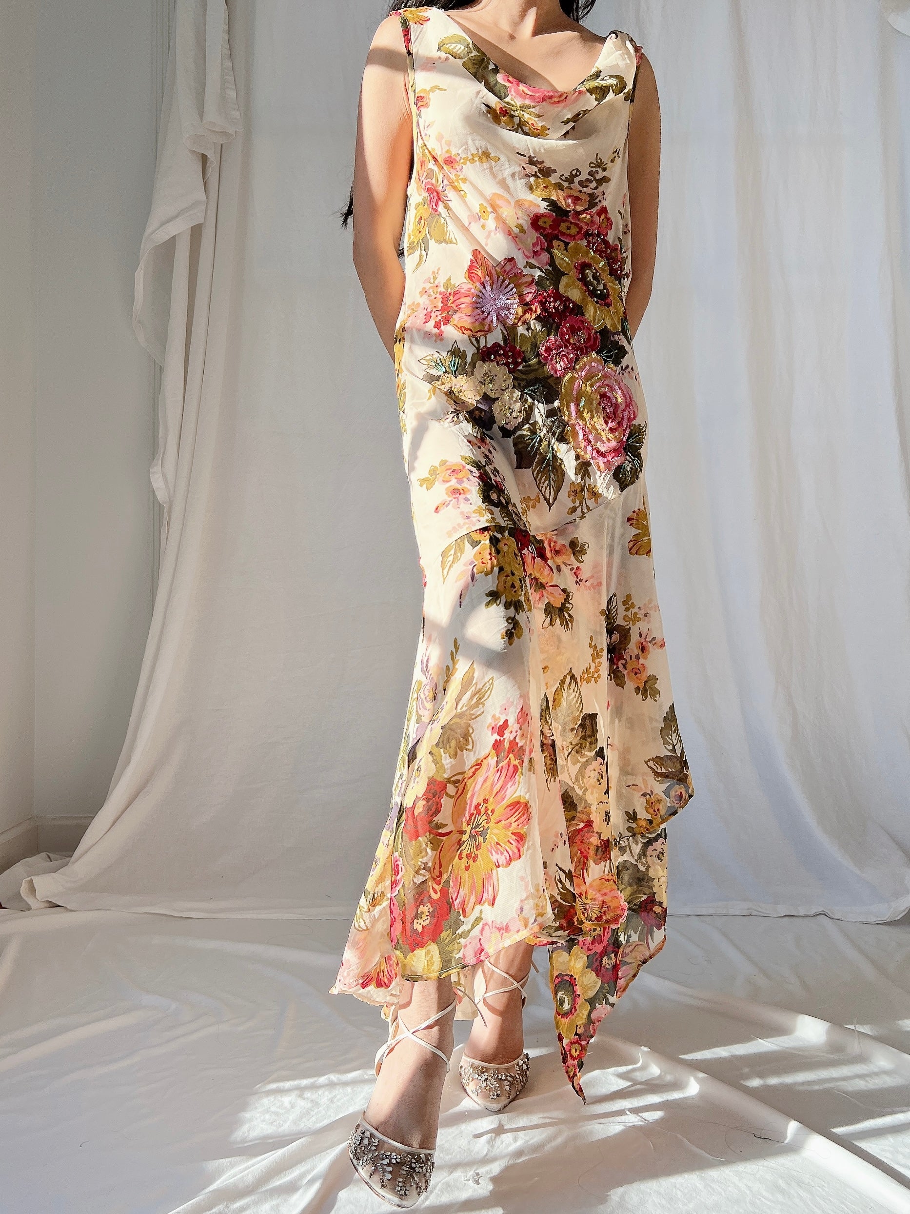 vintage floral chiffon dress Botanical Floral Chiffon Dress Vintage Fairytale Pink / M