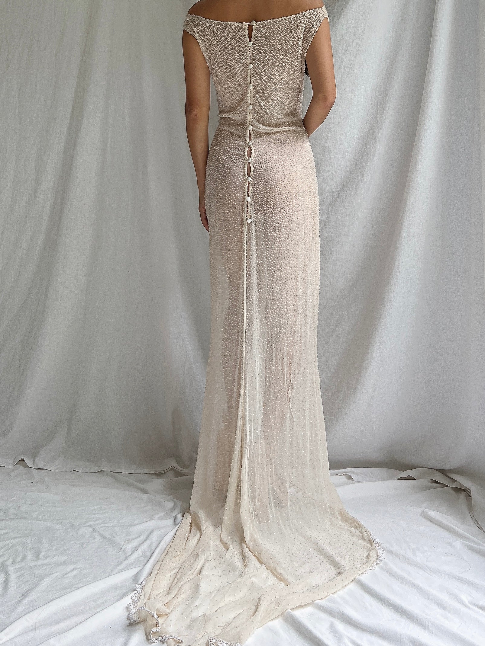 1990s Silk Chiffon Hand Beaded Gown - S