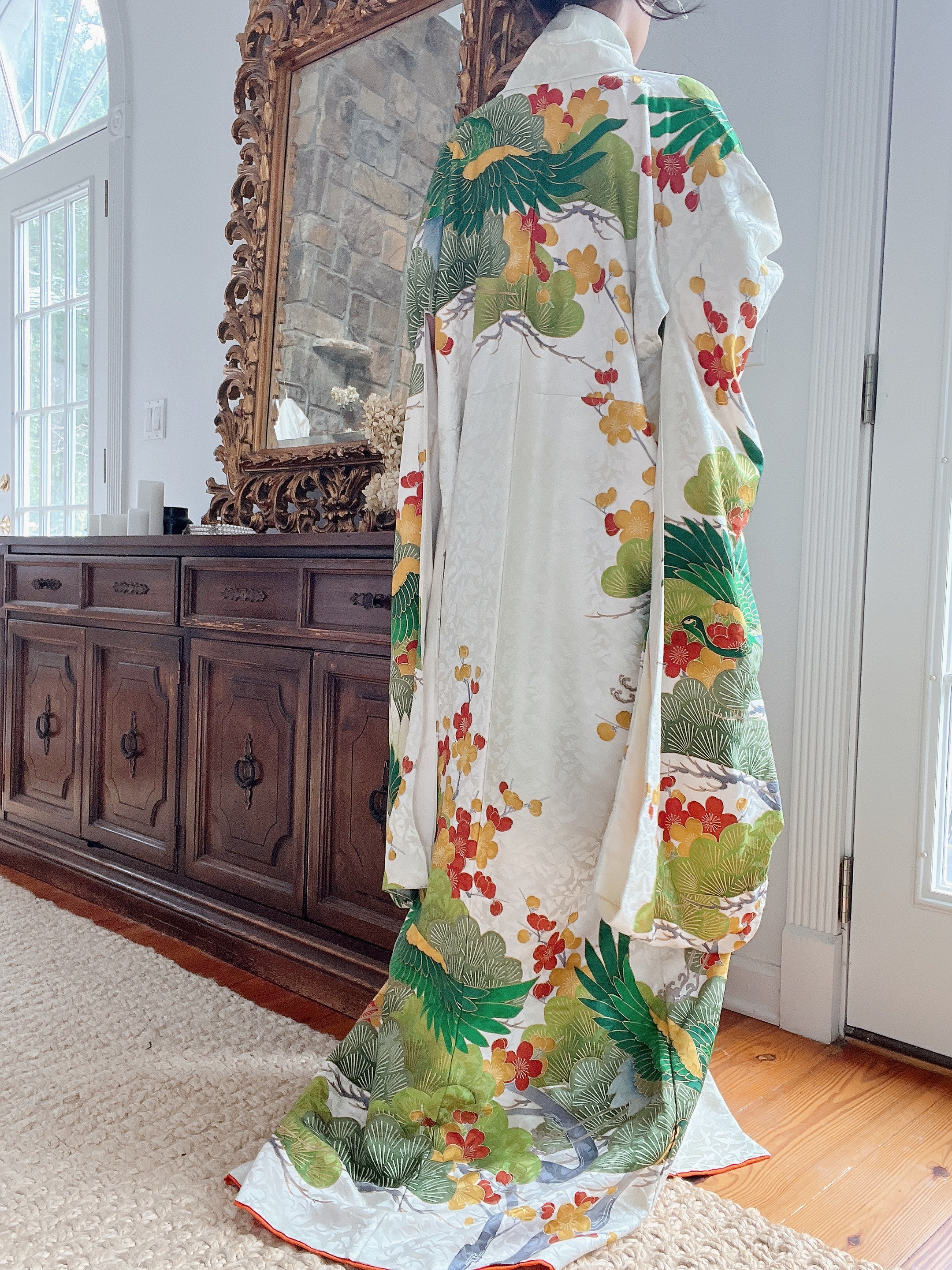 Vintage Green and Ivory Silk Kimono - OSFA