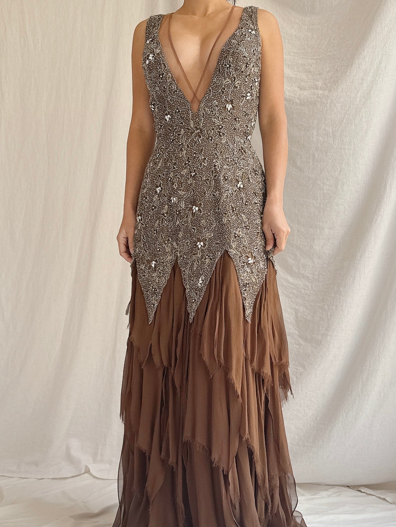 Vintage Stephen Yearrick Silk Raw Hem Beaded Gown - M/6