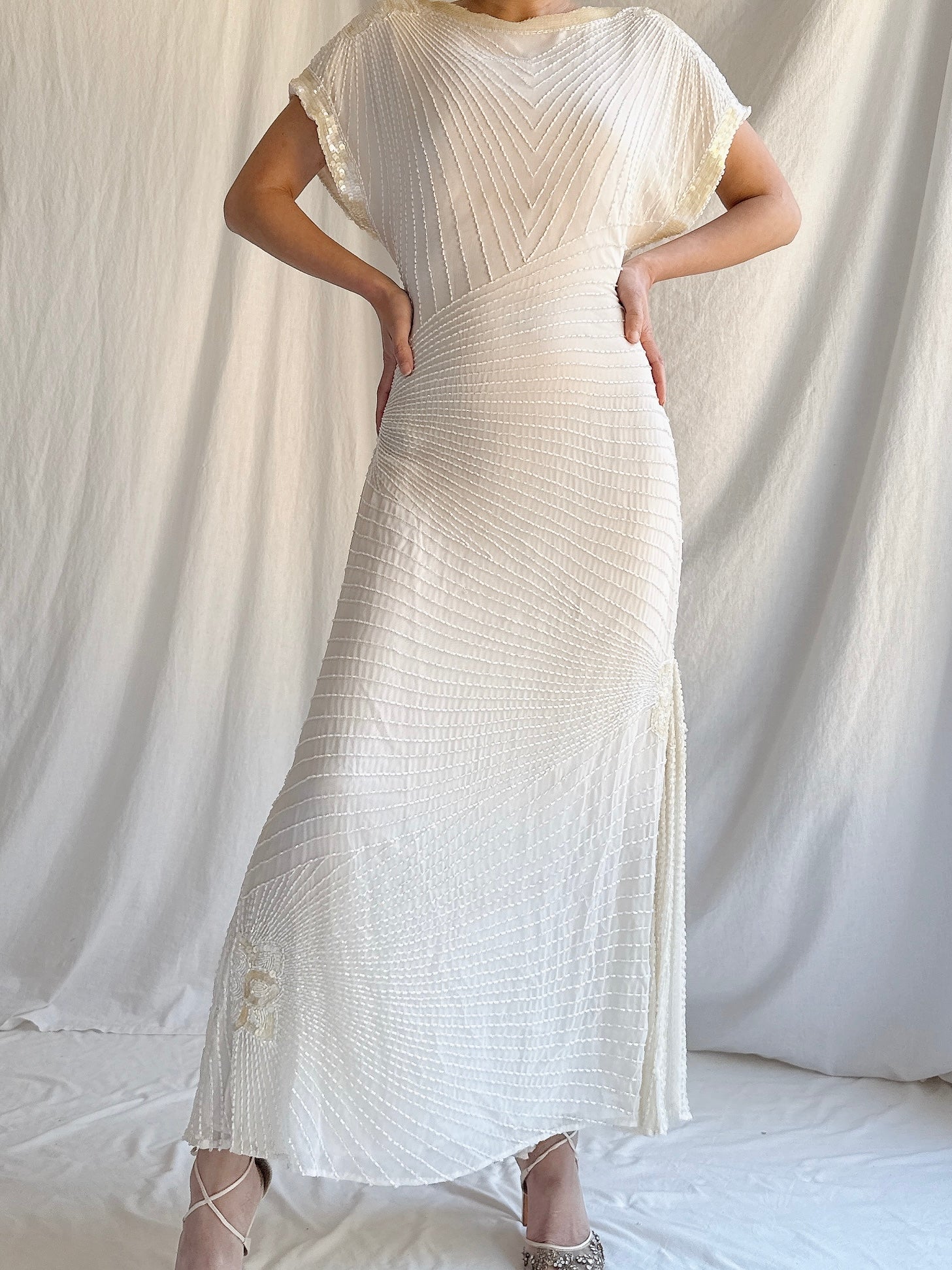 Vintage Silk Chiffon Beaded Dress - S