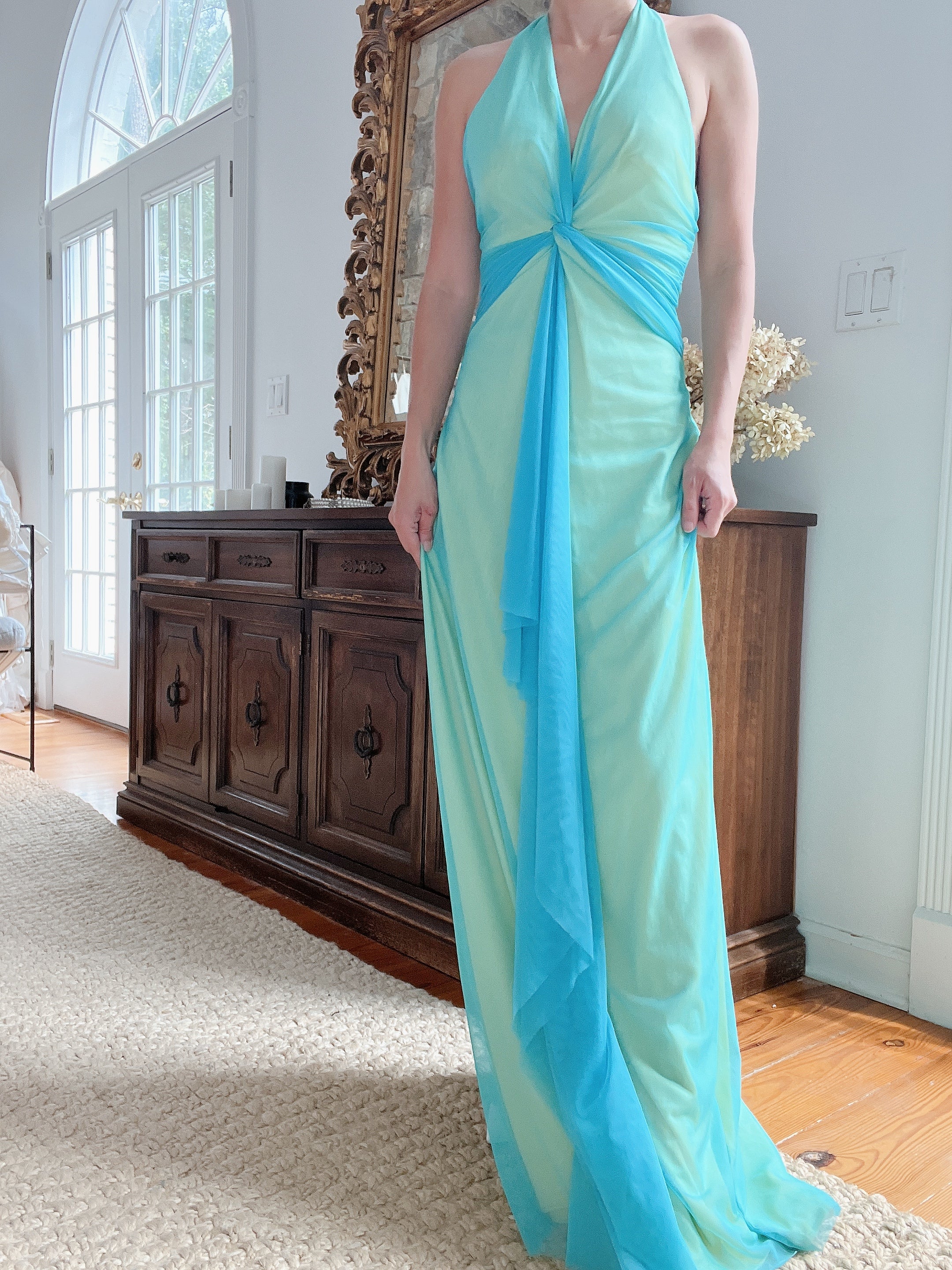 Y2K Teal and Yellow Gown - XS