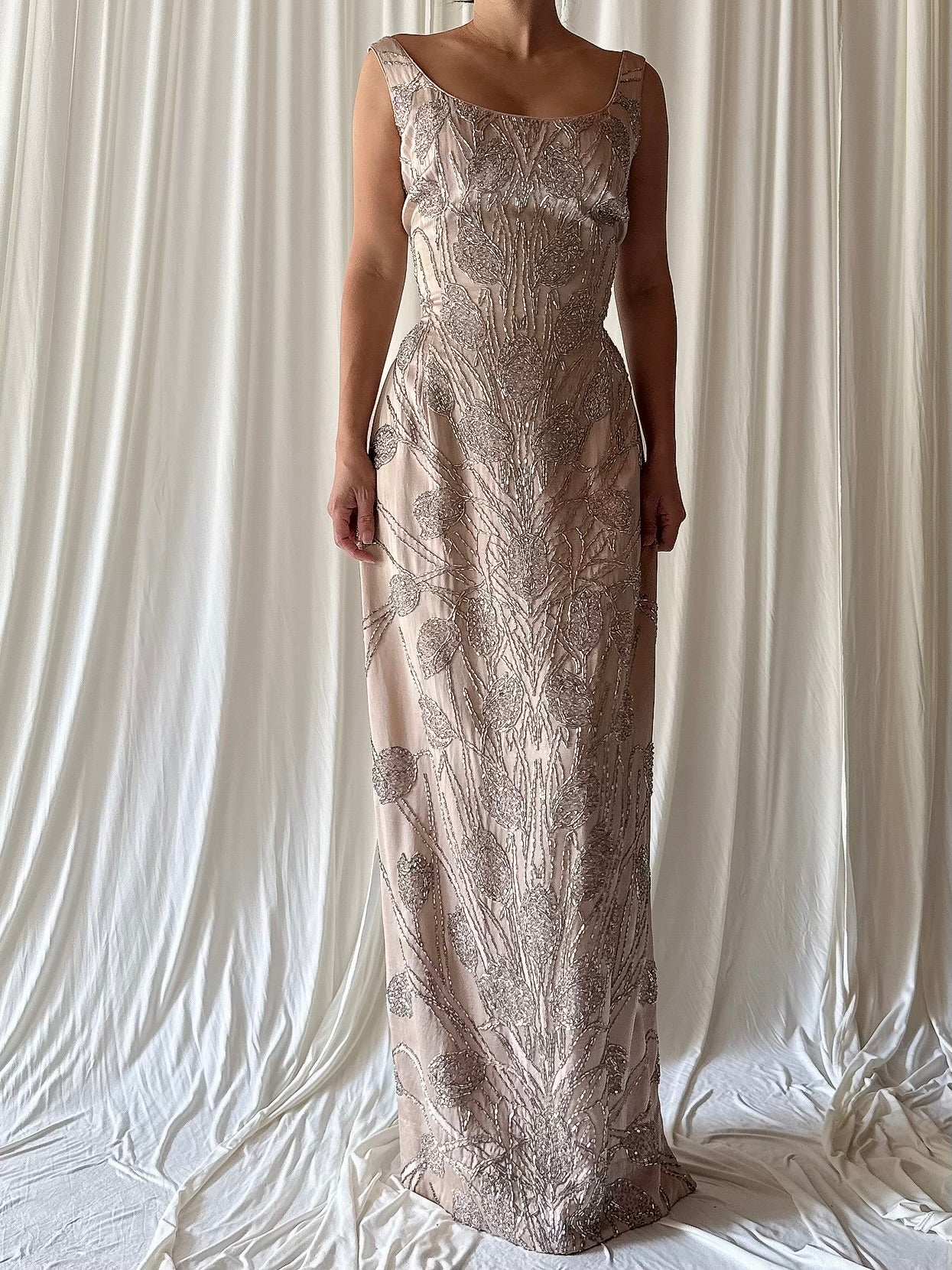 1960s Dusty Pink Silk Beaded Gown - S/M