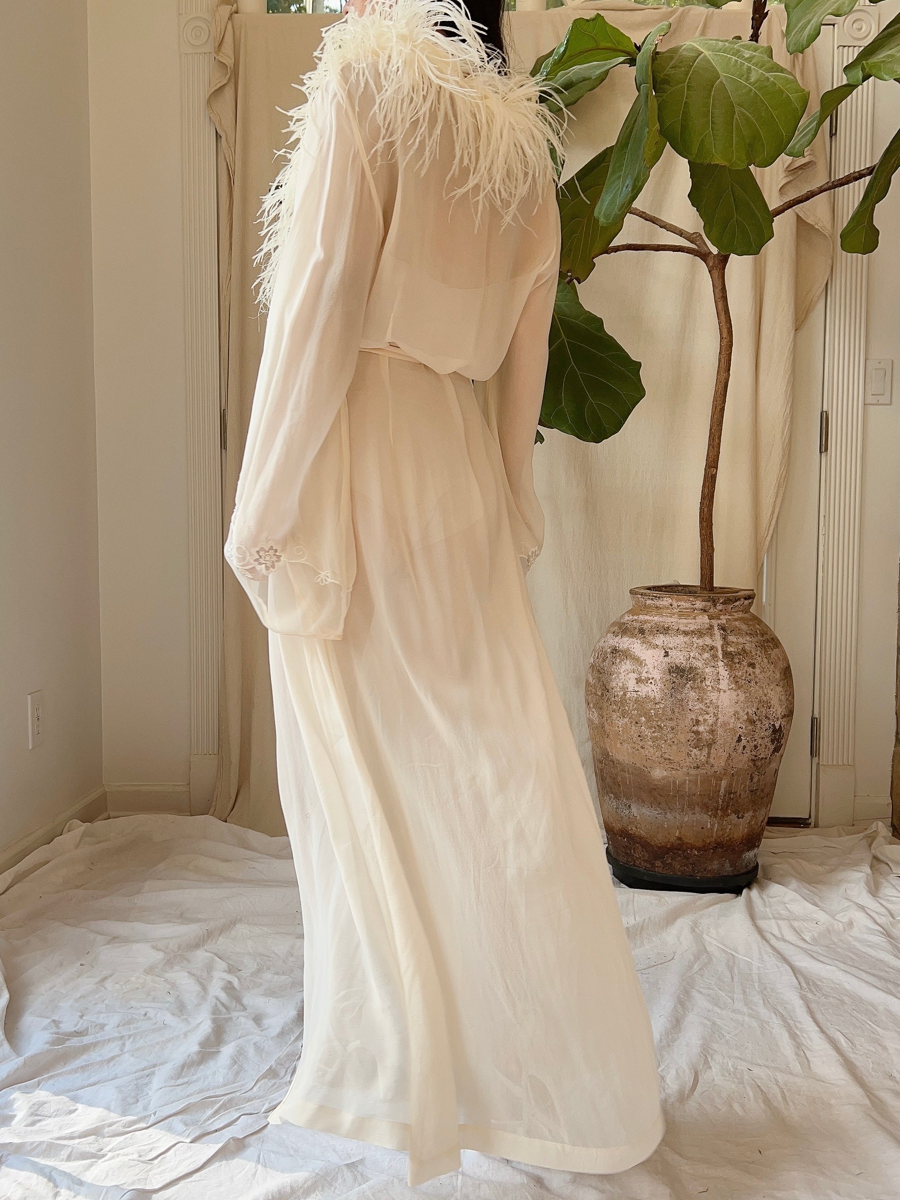 Vintage Silk Chiffon Feather Robe - S-M