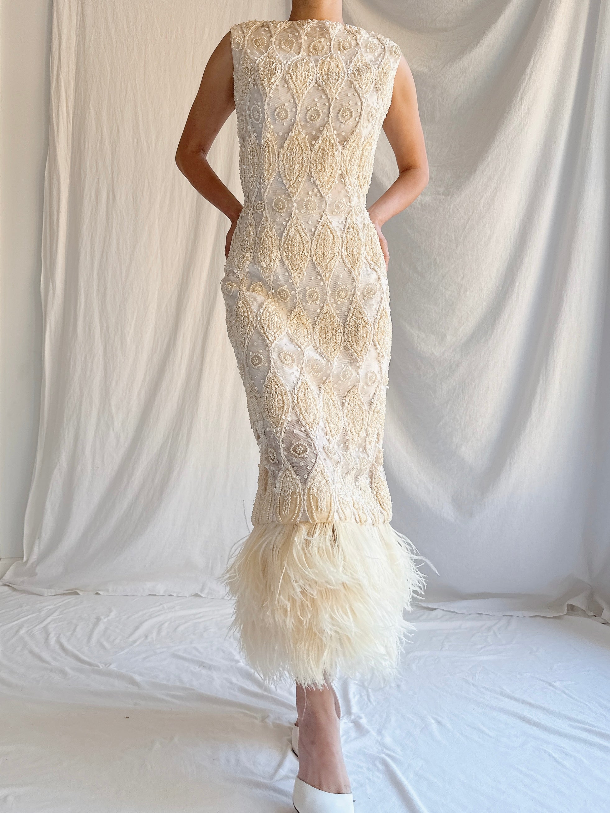 1960s Tulle Beaded Gown with Feather Embellishment - S 4-6