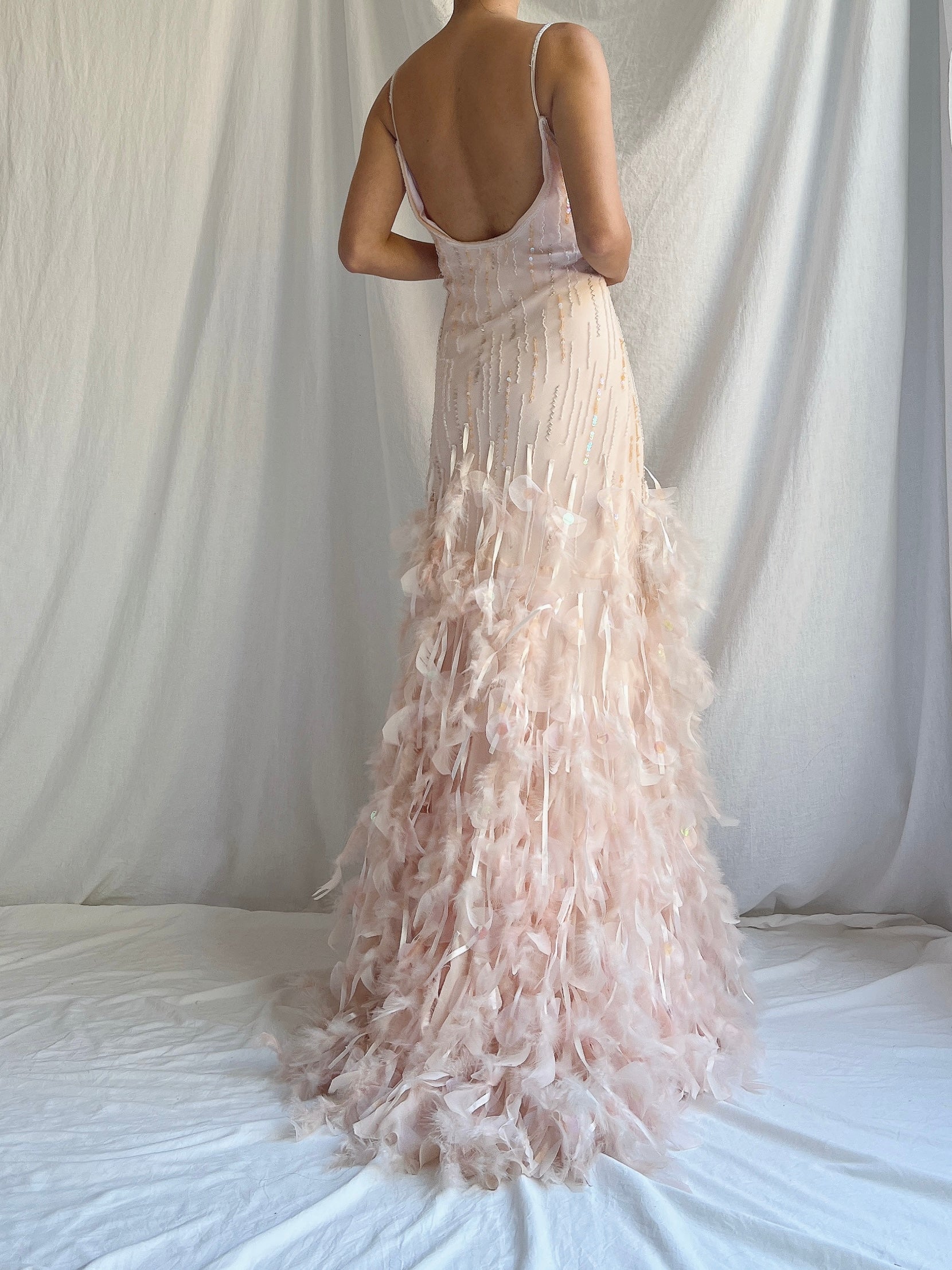 Vintage Blush Silk Feathered Gown - M