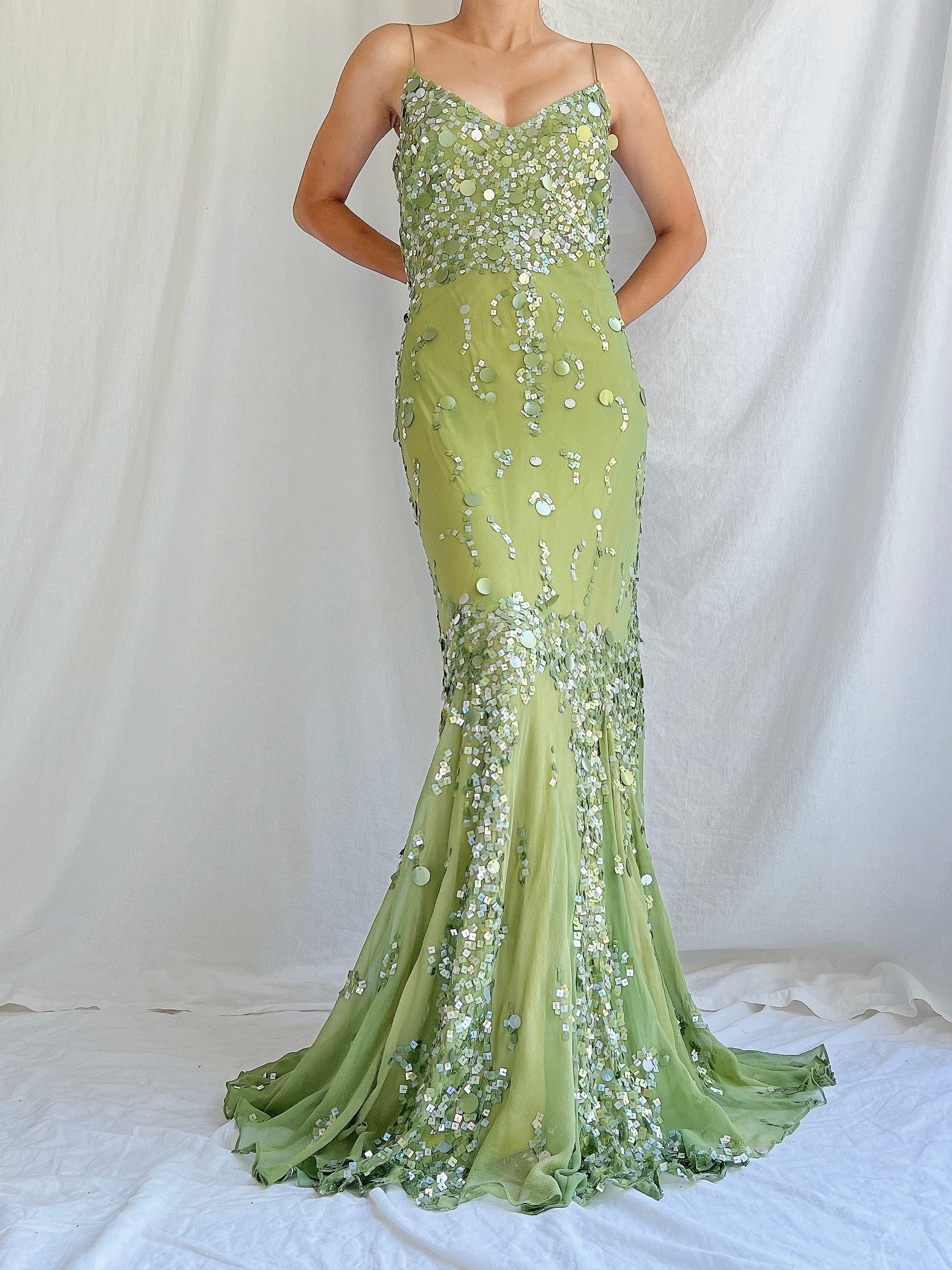 Vintage Green Bias Cut Silk Gown - S