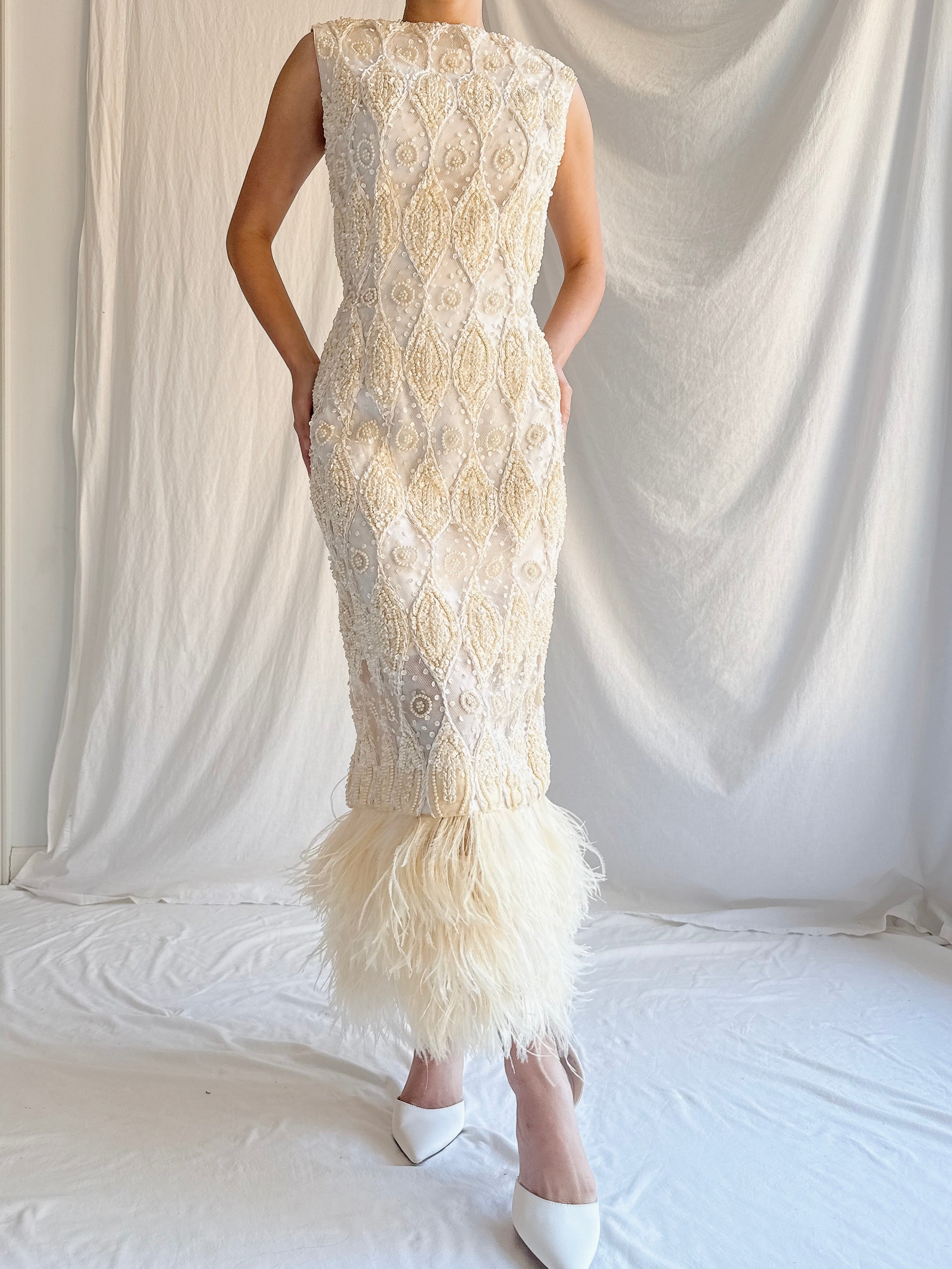 1960s Tulle Beaded Gown with Feather Embellishment - S 4-6