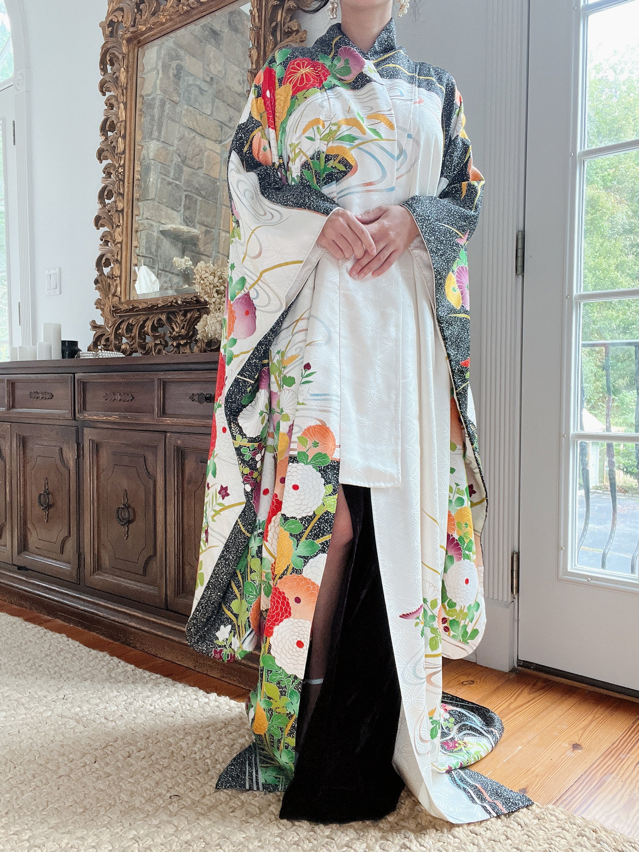 Vintage Silk Black and Green Floral Kimono - OSFA