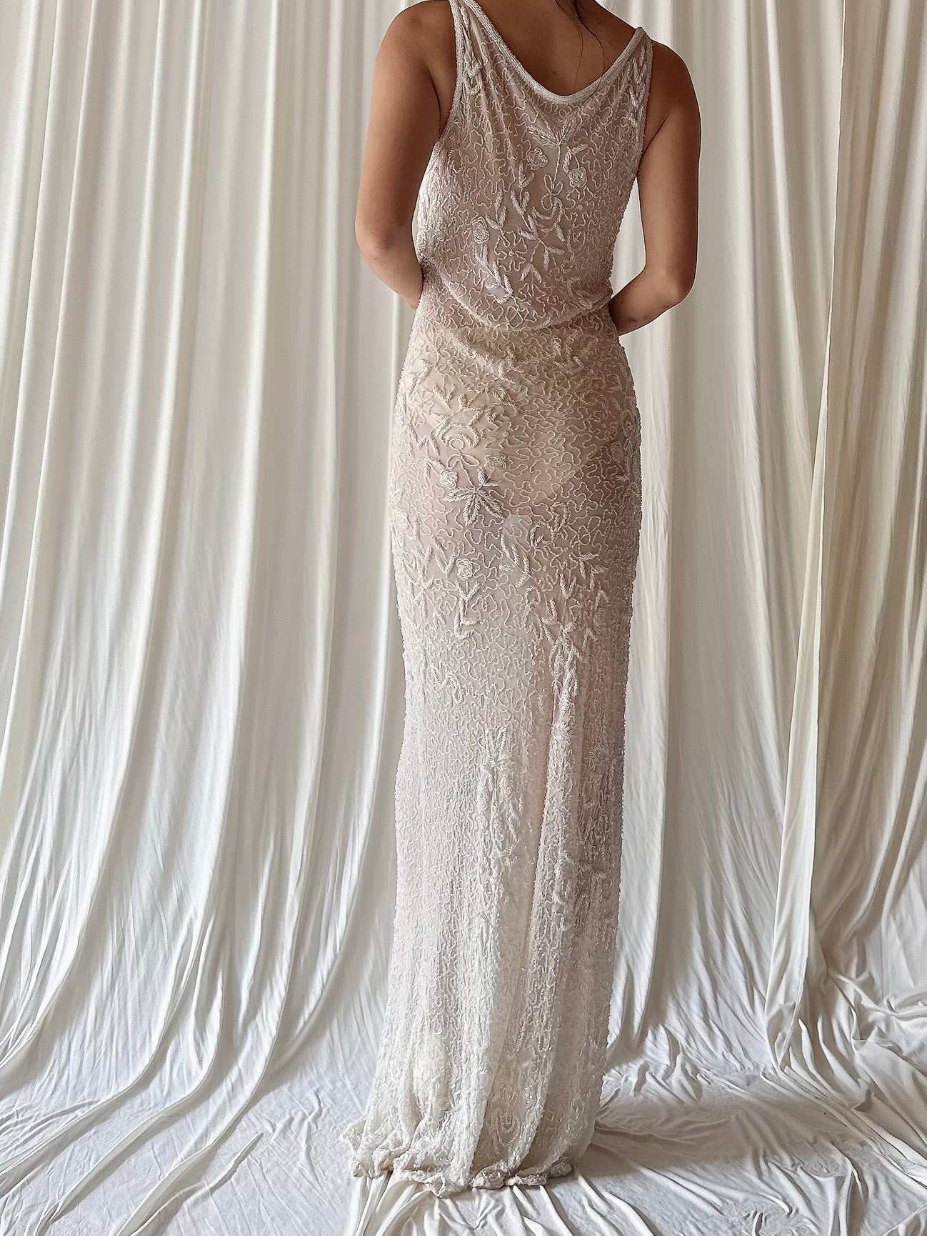 Vintage Ivory Silk beaded Reversible Gown - S-M