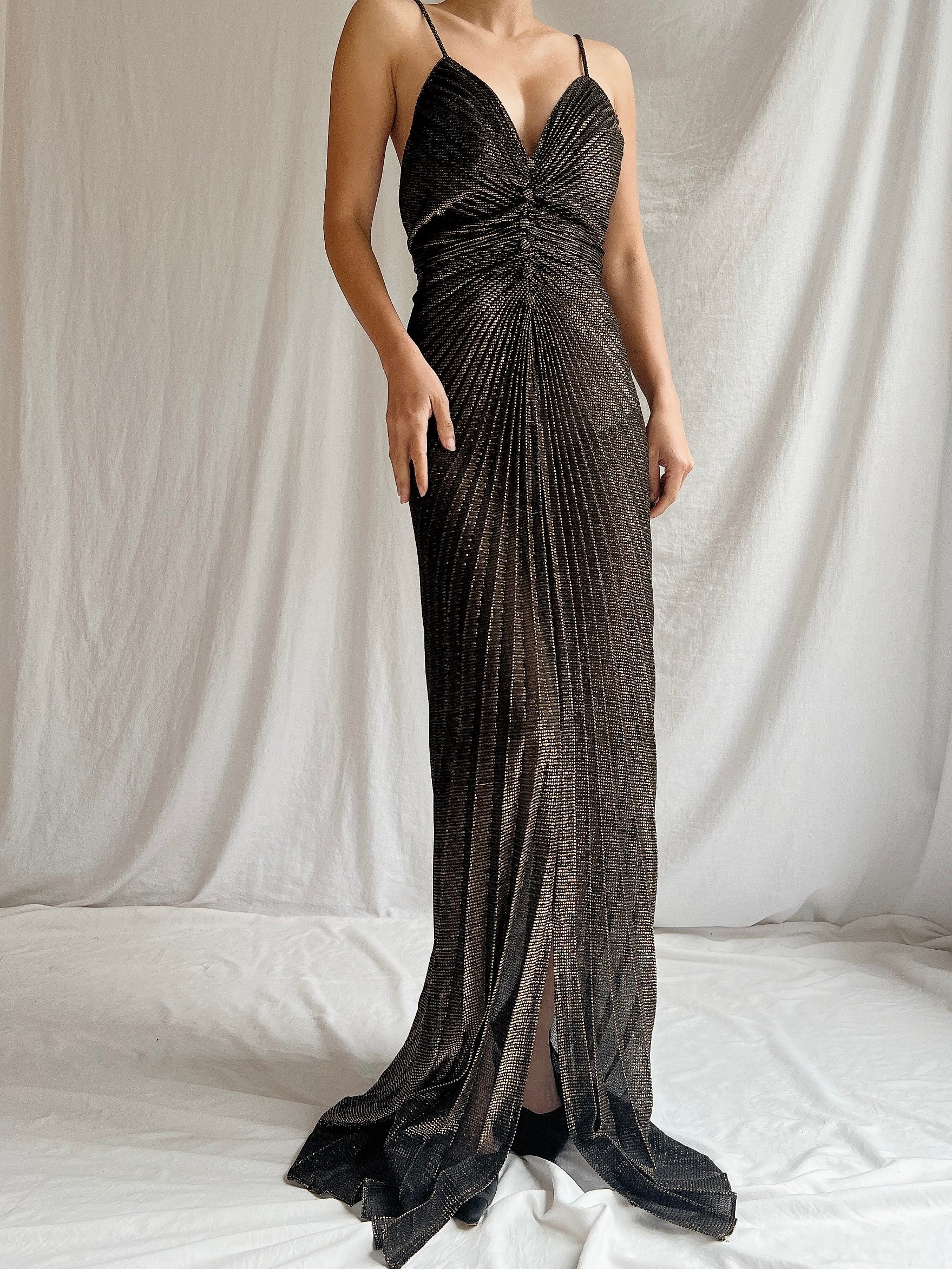 Vintage Bronze/Black Pleated Lurex Gown - S/M