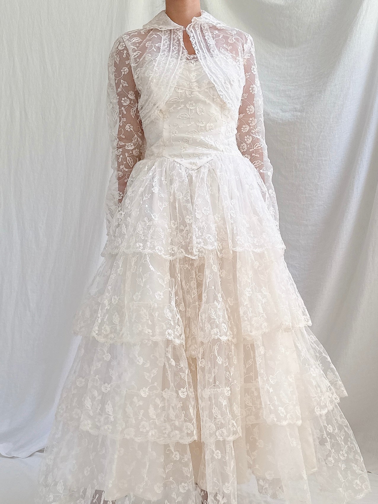 1950s Embroidered Tulle Dress -XS