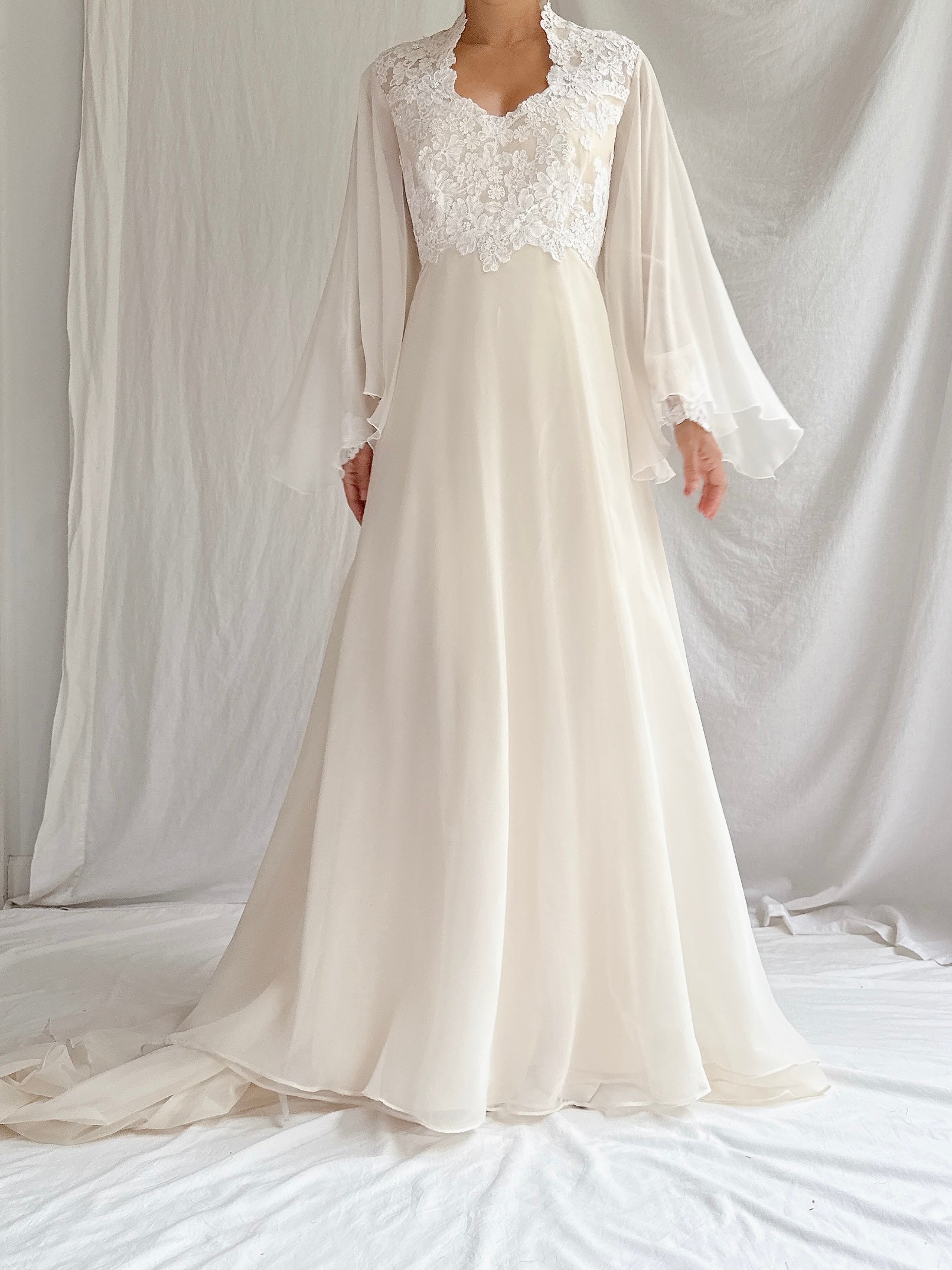 1970s Angel Sleeves Chiffon Gown - S