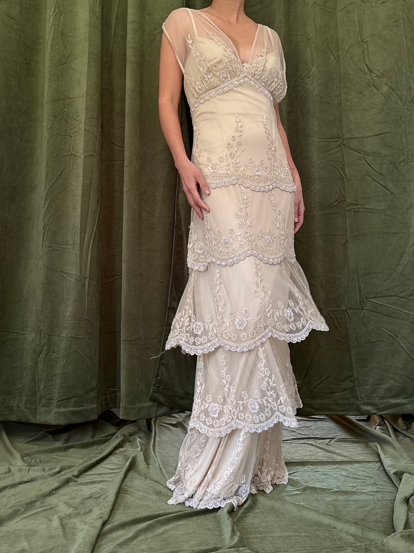 Vintage Tiered Beaded Gown - L