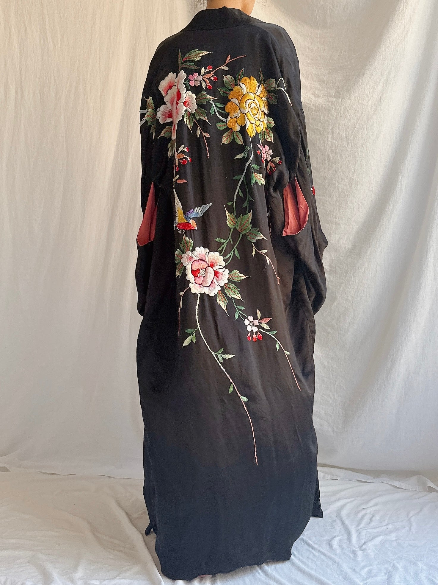 Antique Embroidered Satin Kimono - OSFM