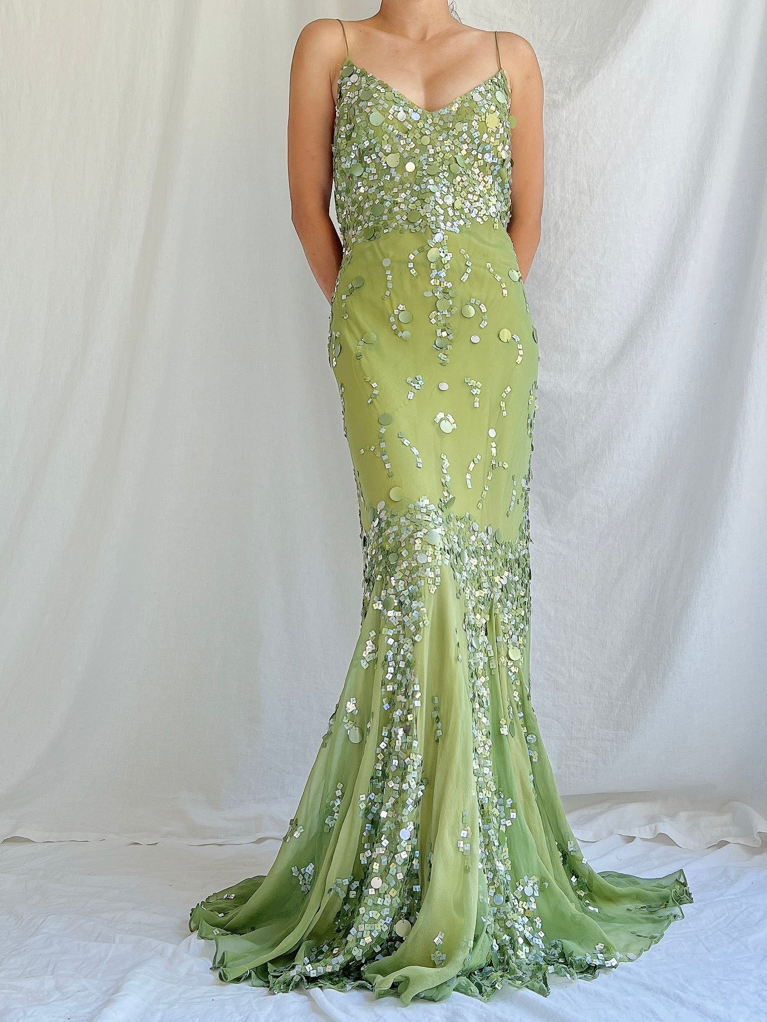 Vintage Green Bias Cut Silk Gown - S