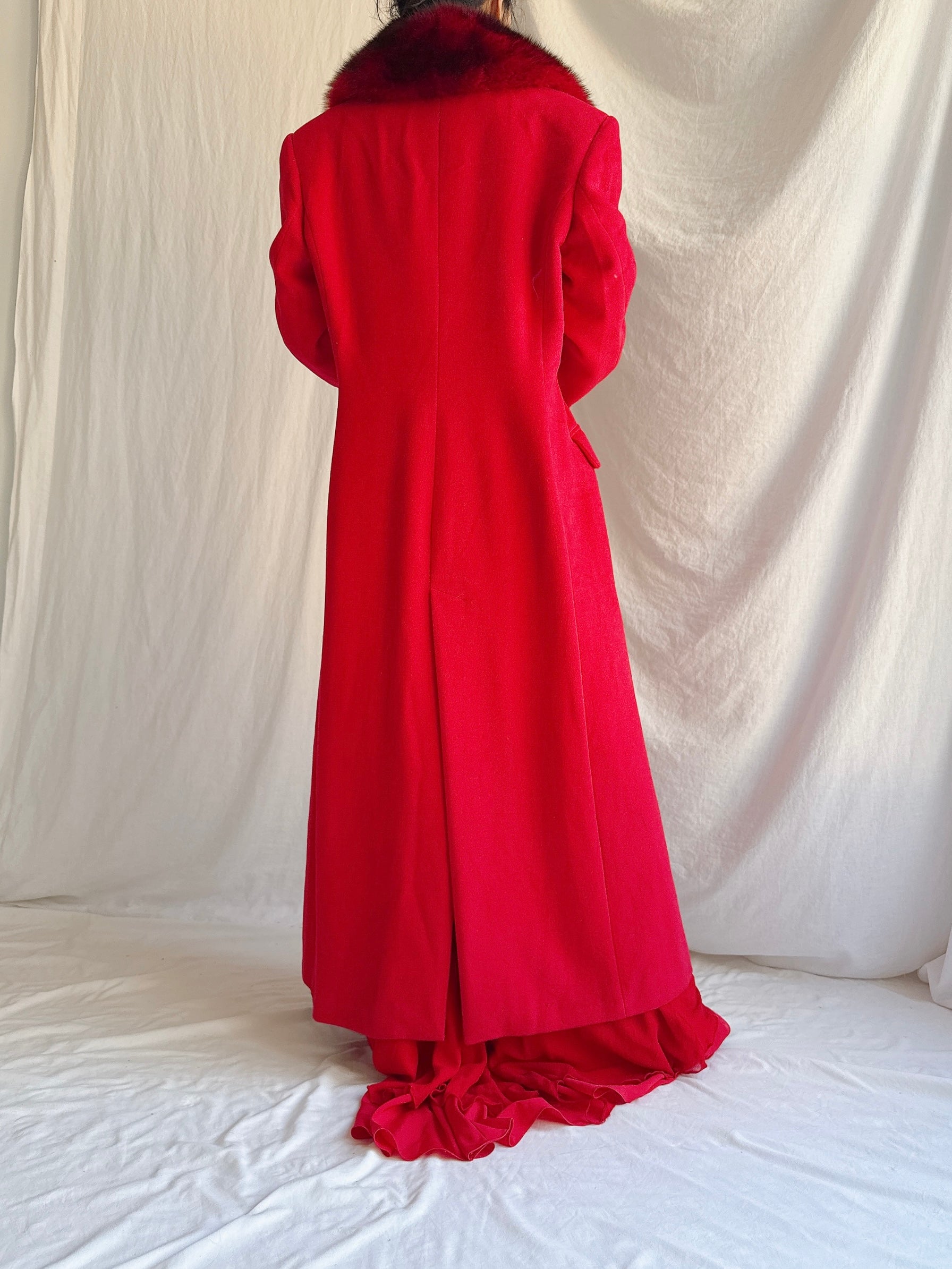 Vintage Red Wool Fox Fur Coat - M