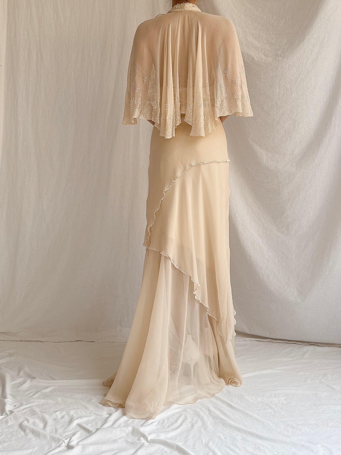 Vintage Almond Silk Cape Gown - M