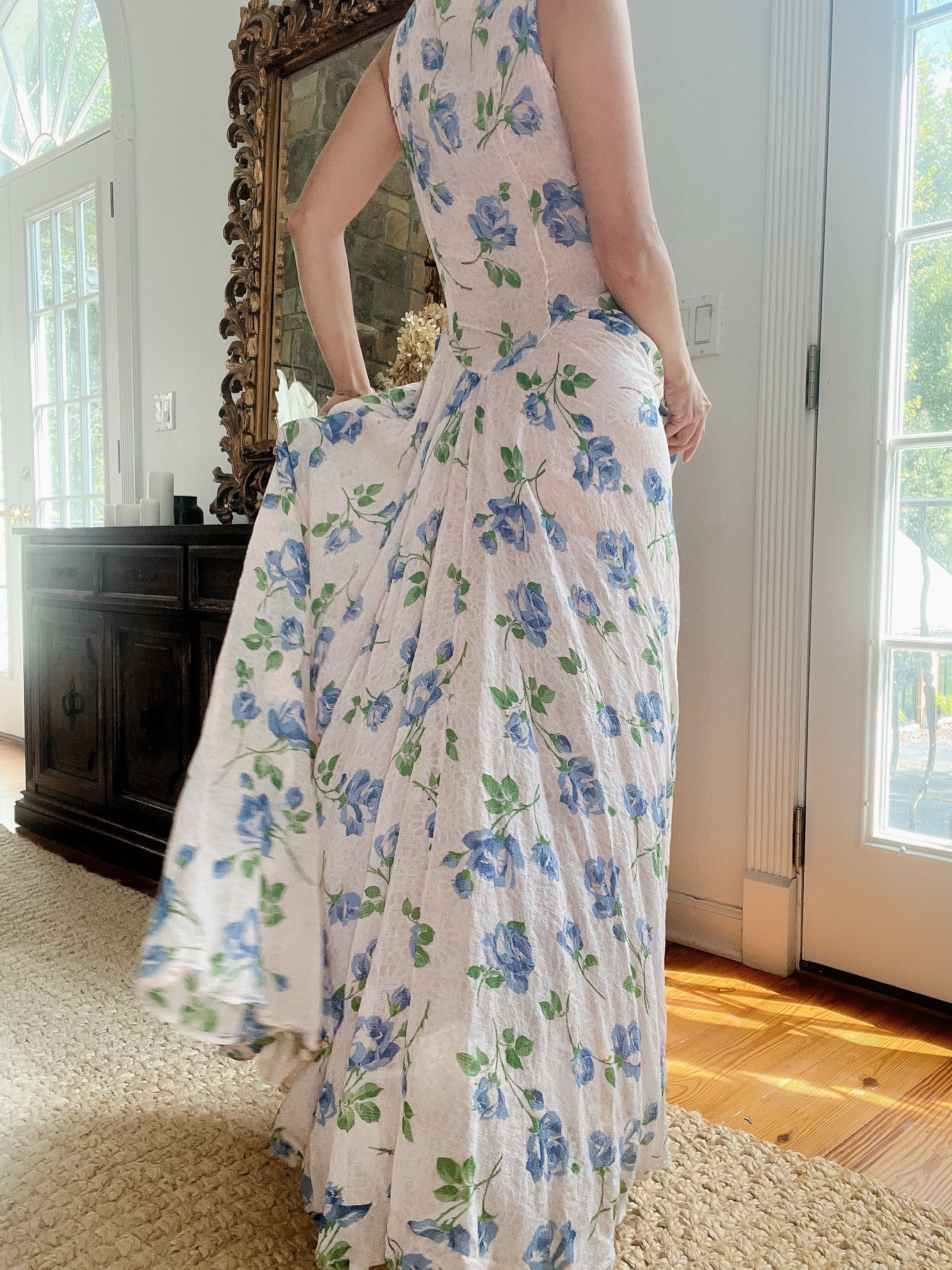 1940s Blue Floral Dress - M