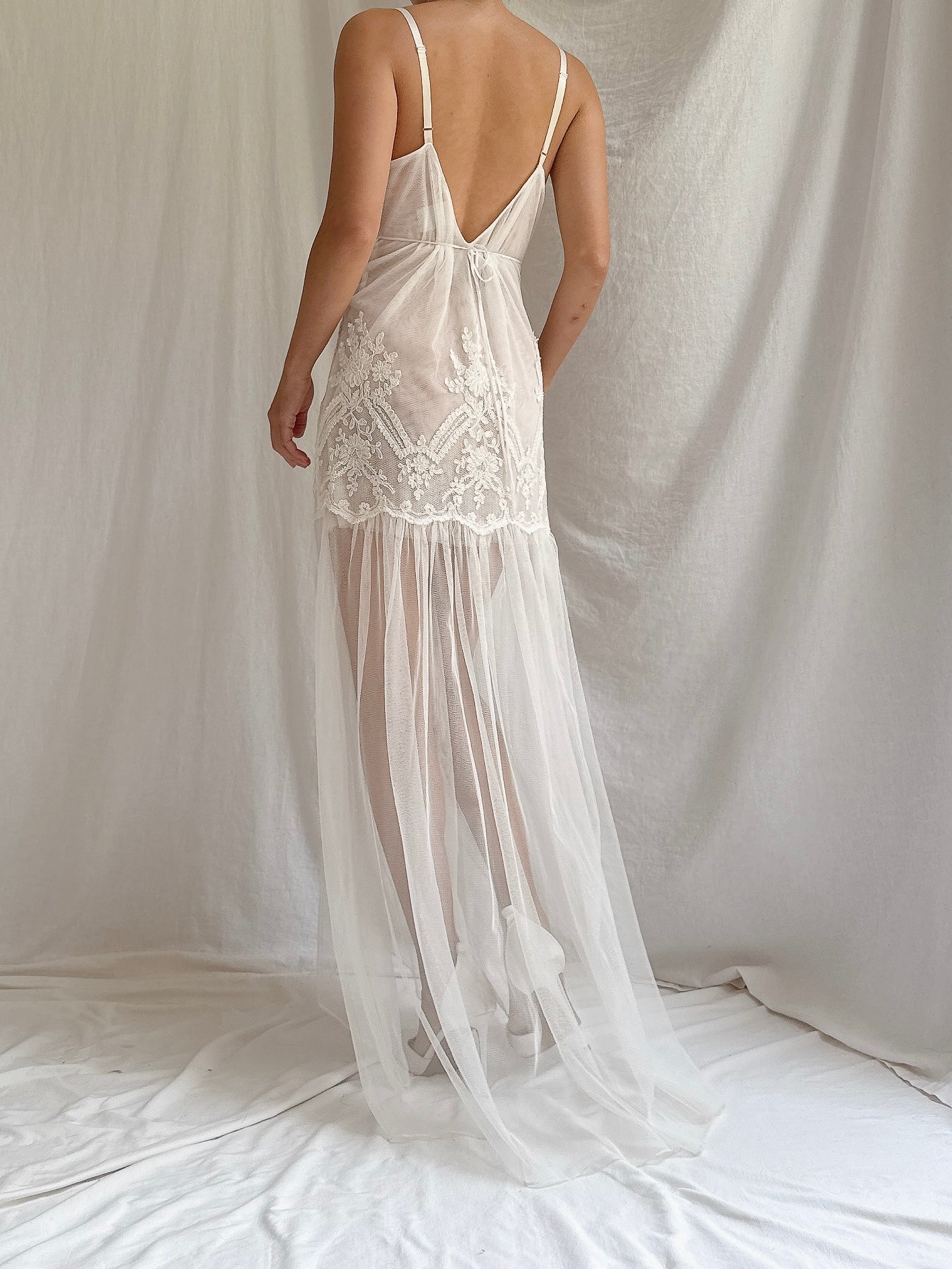 Vintage Tulle Embroidered Lace Slip Dress - S-M