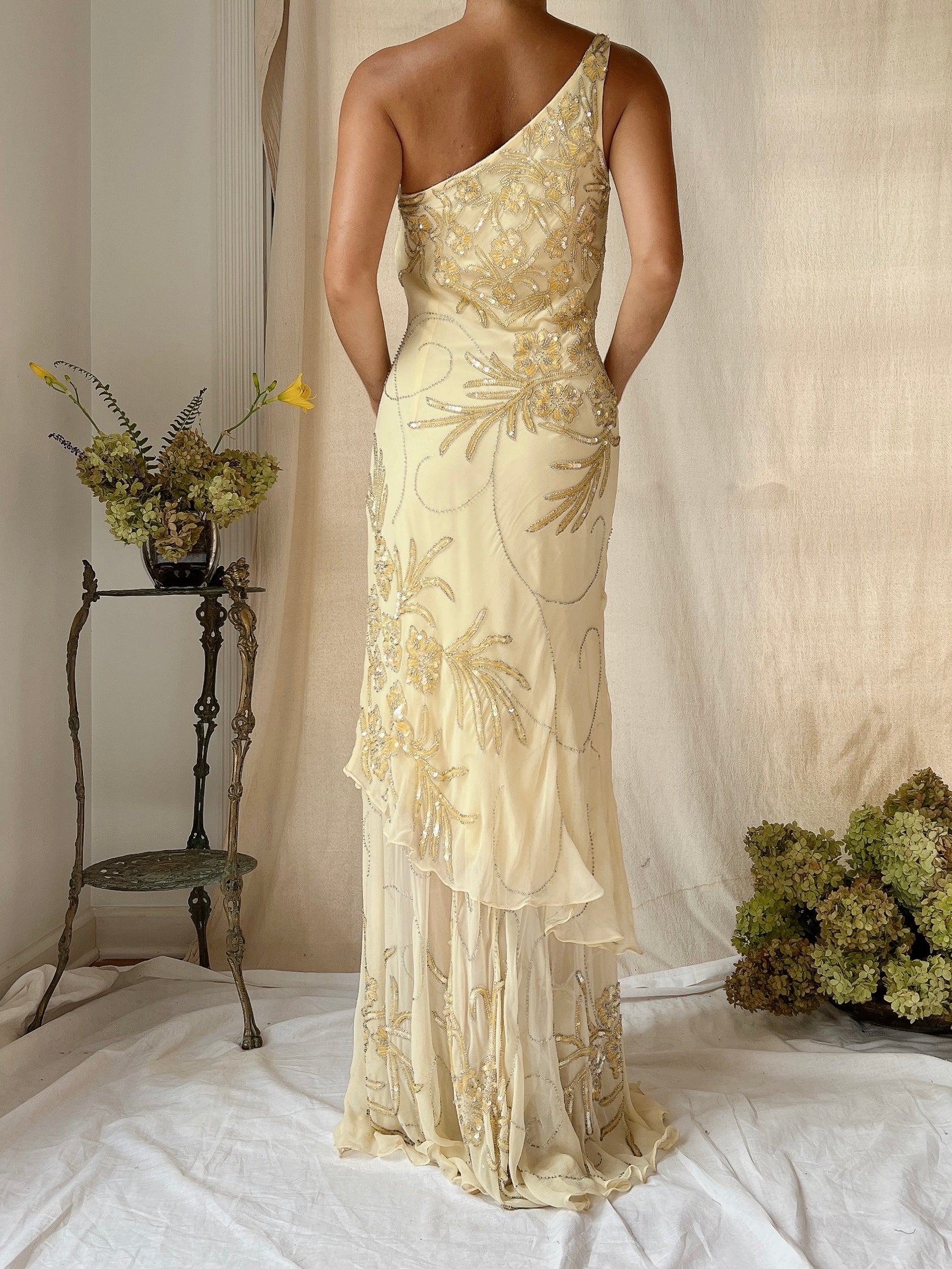 Vintage Silk One Shoulder Beaded Tiered Gown - S