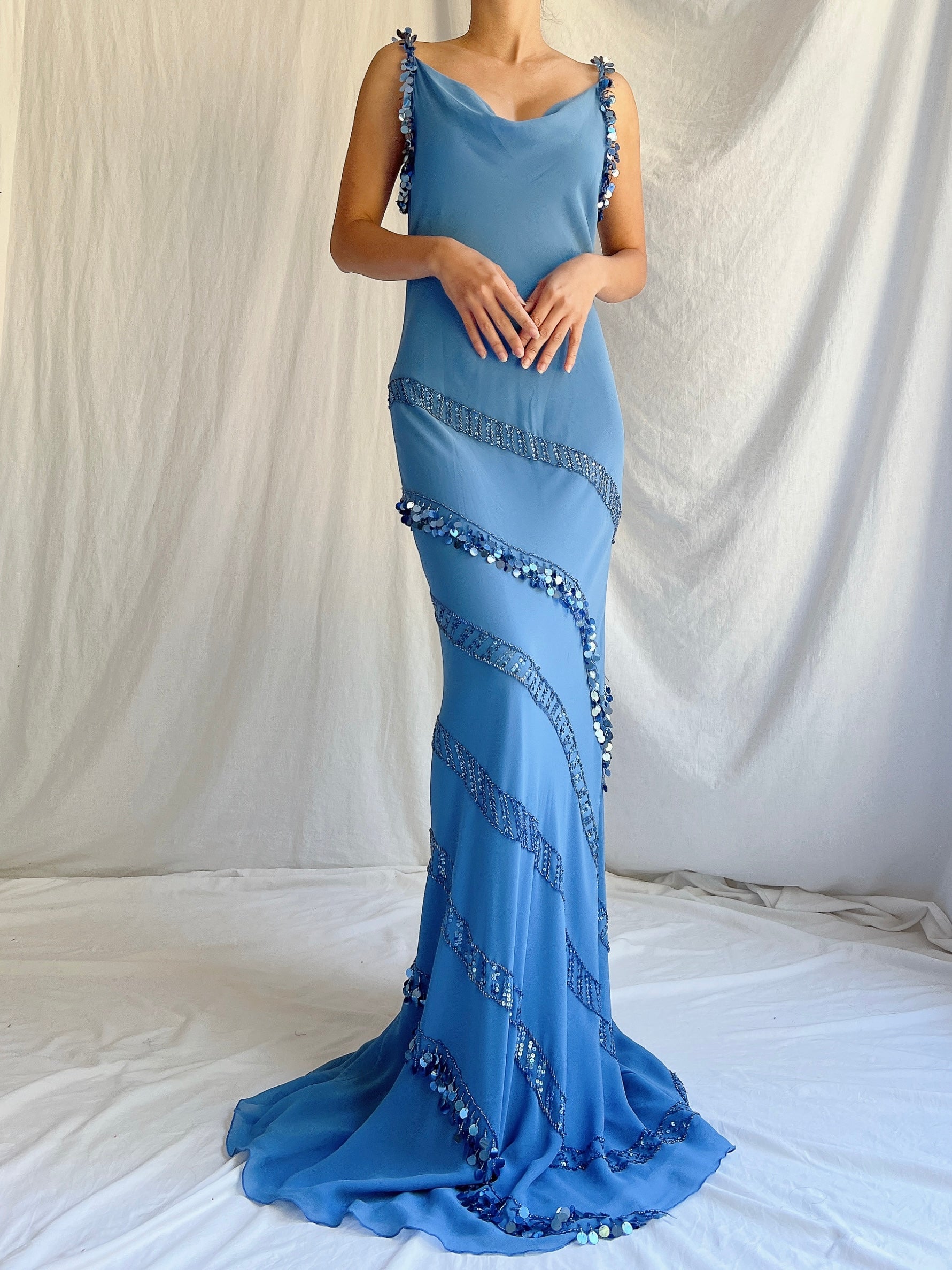 Vintage Blue Silk Crepe Gown - M/L