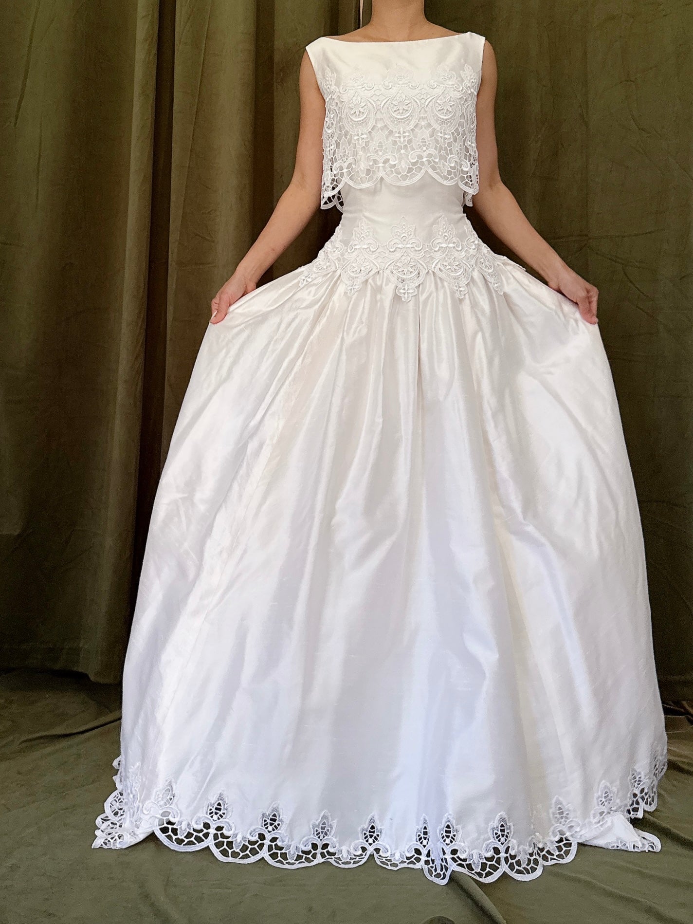 Vintage Raw Silk Embroidered Cutout Gown - S/4